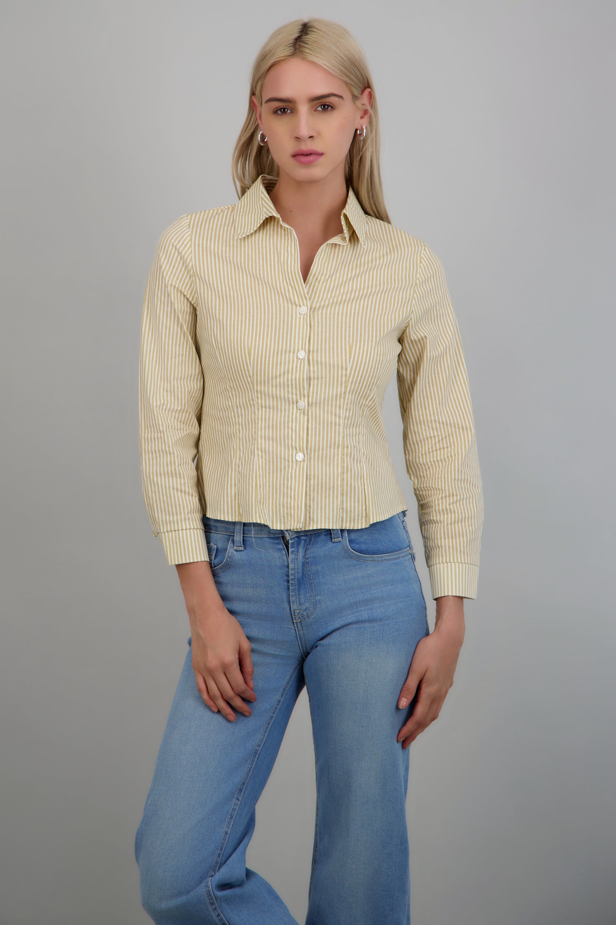 Camisa manga larga pinzas detalle rayas BEIGE
