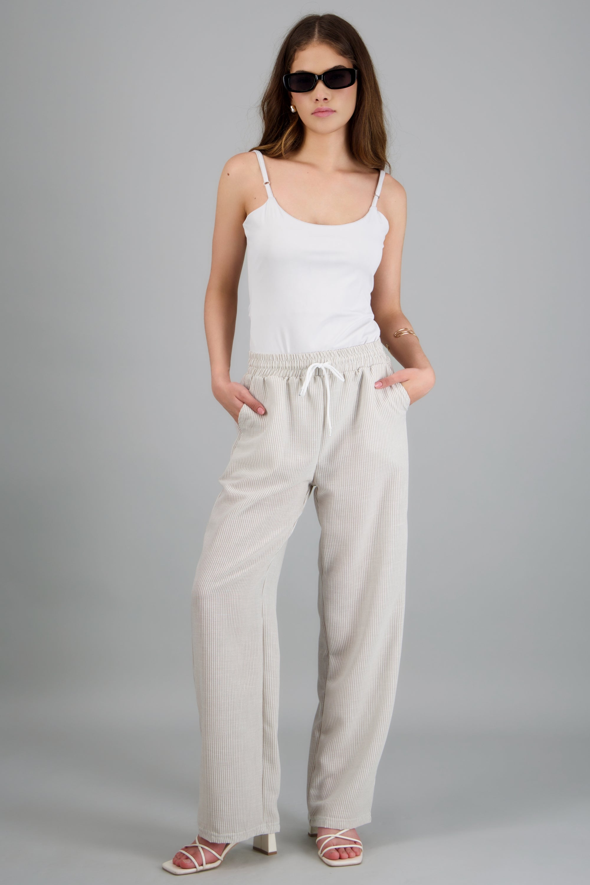 pantalon tipo lino rayas CAFE COMBO
