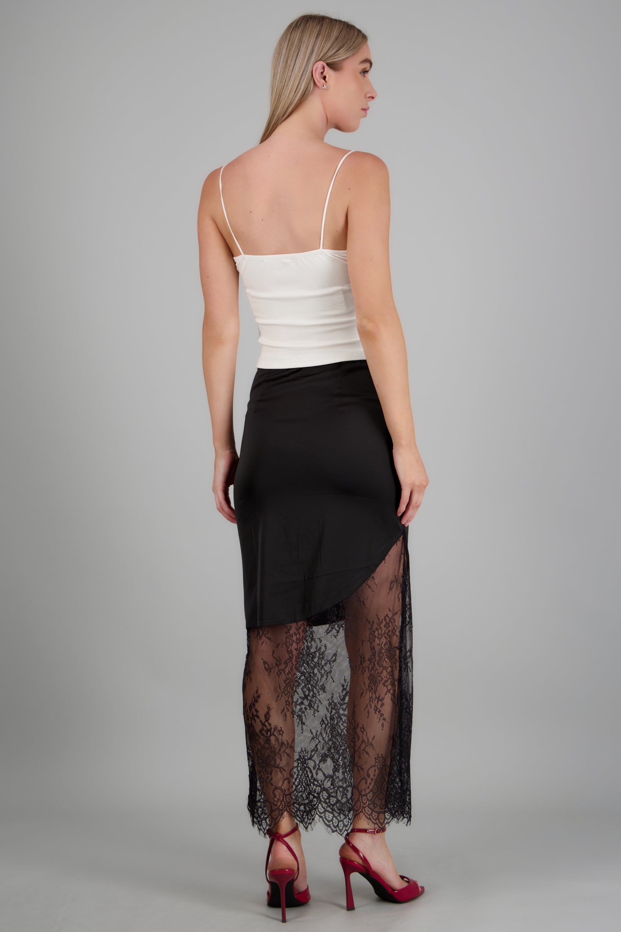 Falda midi satin encaje NEGRO