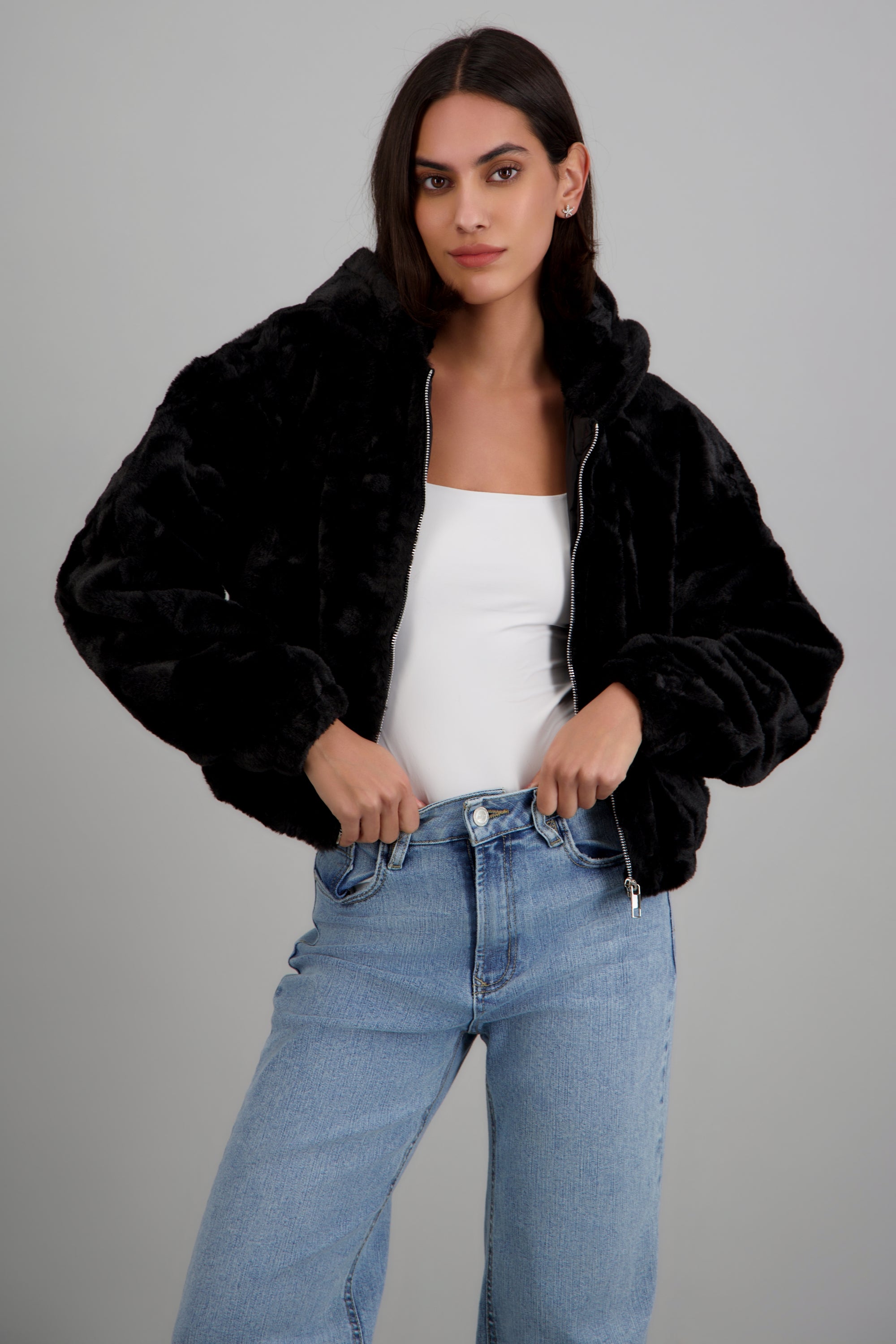 Chamarra puffer textura peluche NEGRO