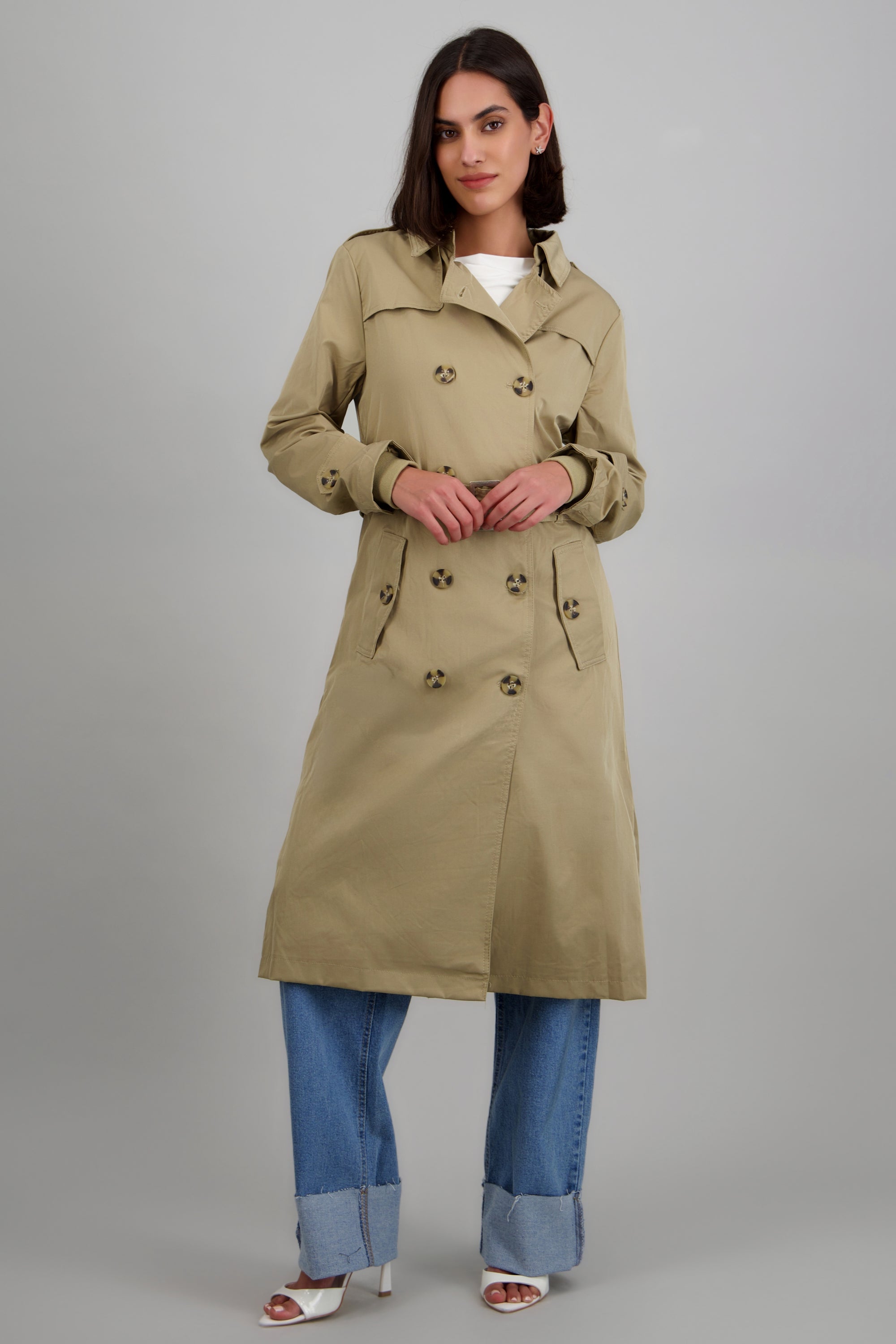 Gabardina larga detalle cinturon TAUPE