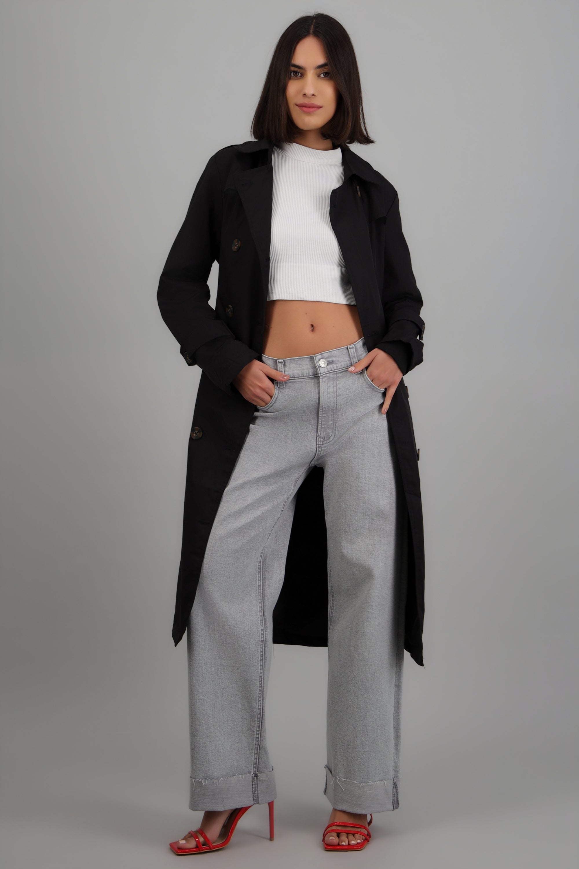 Gabardina larga detalle cinturon NEGRO