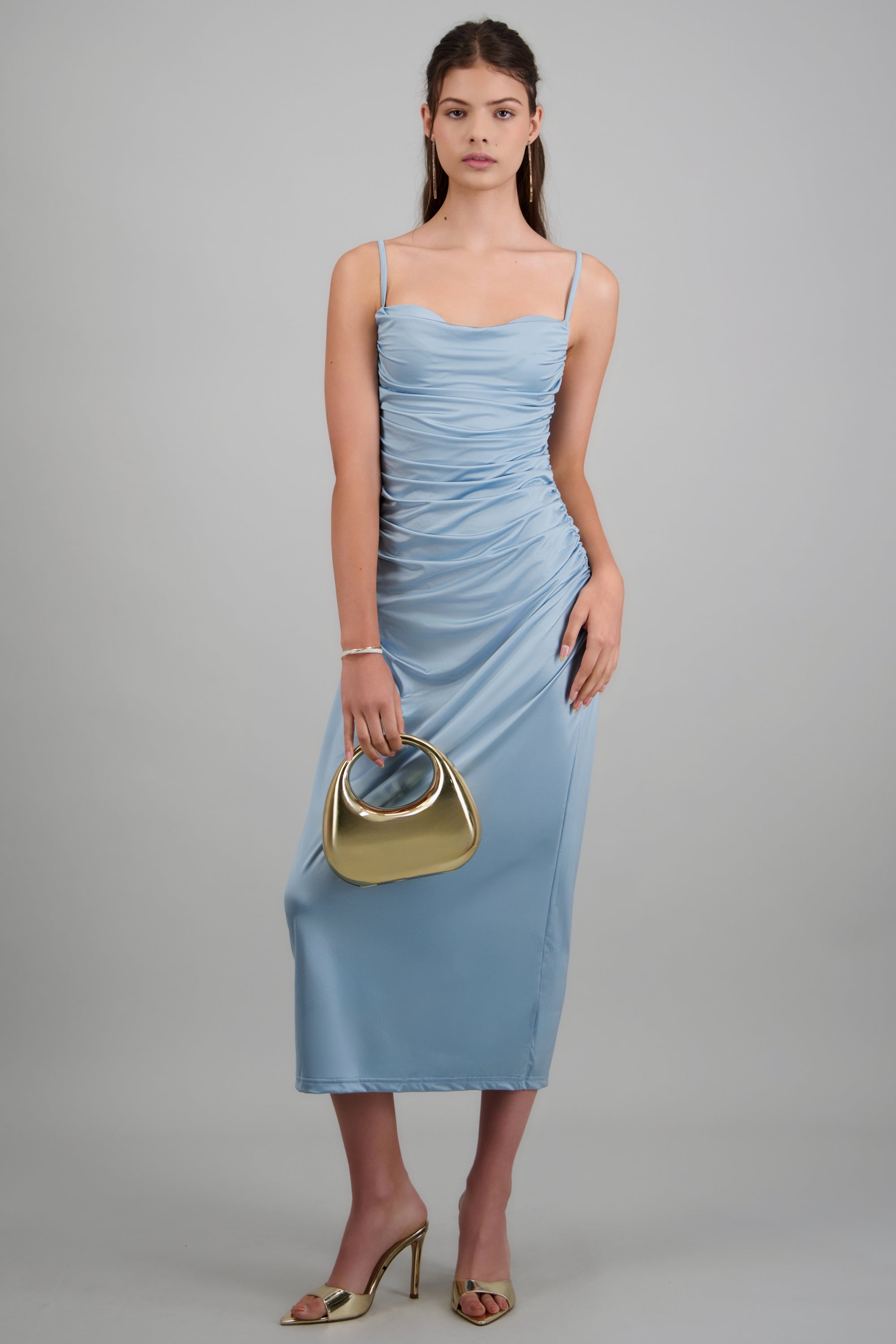 Vestido maxi drapeado con copas AZUL PASTEL