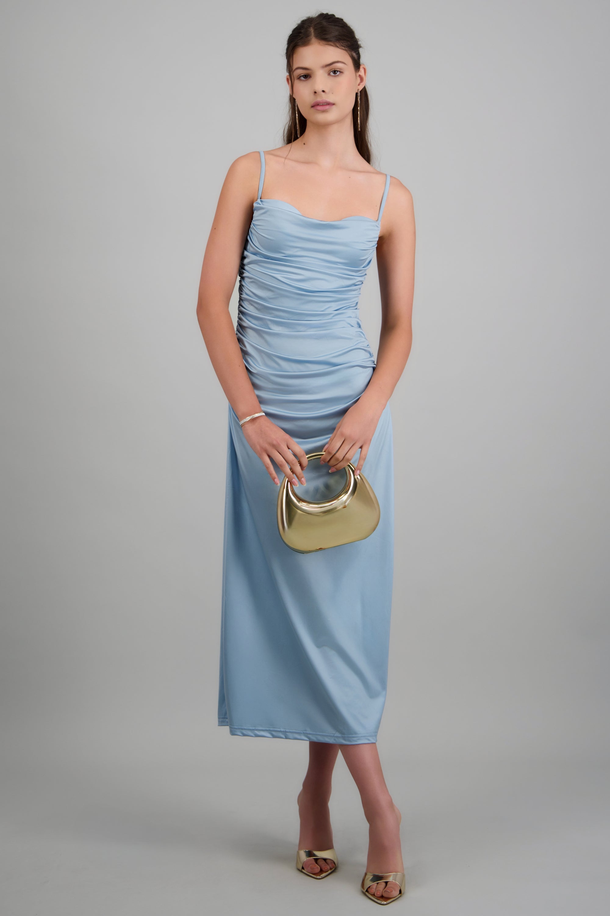 Vestido maxi drapeado con copas AZUL PASTEL