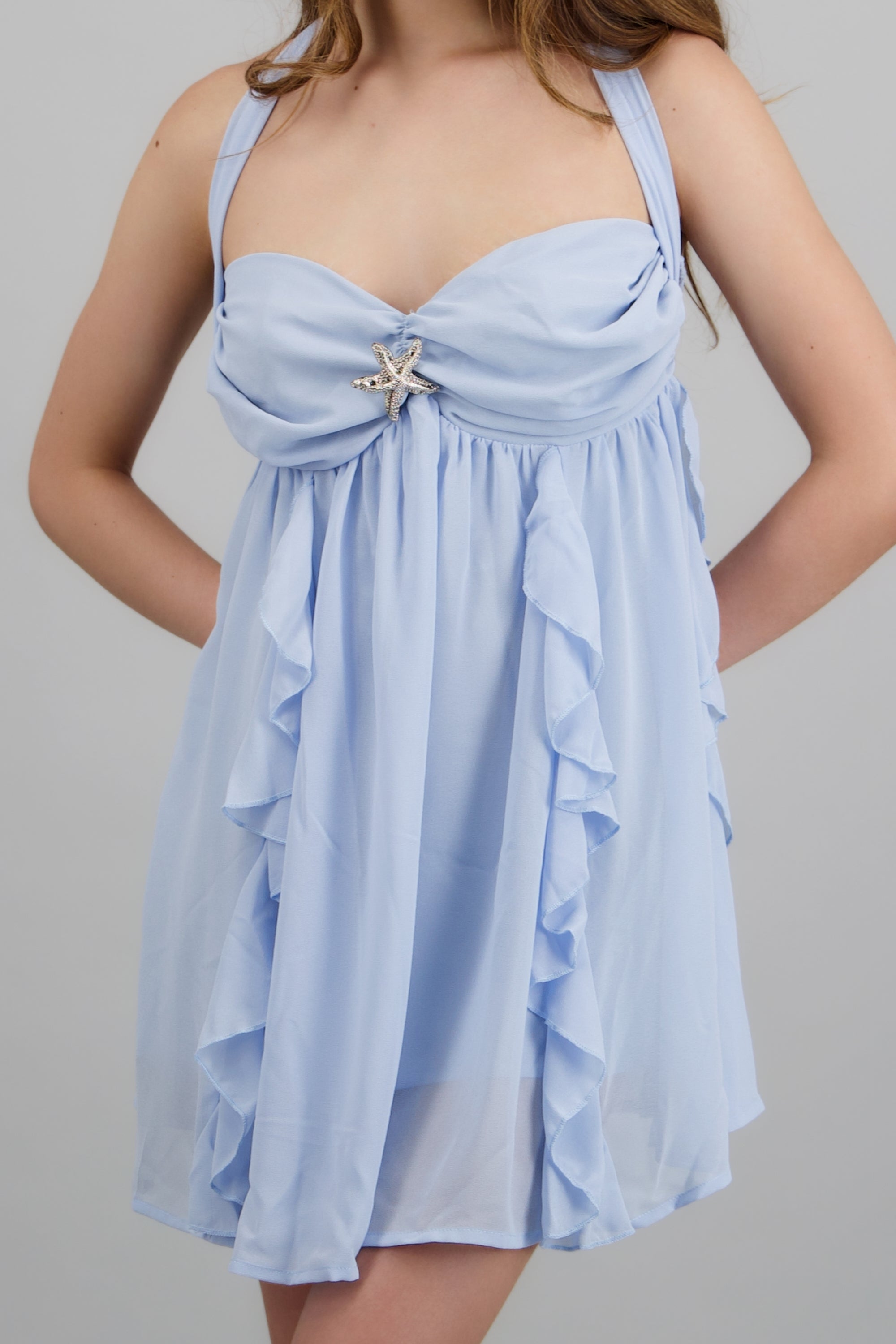 Vestido halter olanes con herraje estrella AZUL CIELO
