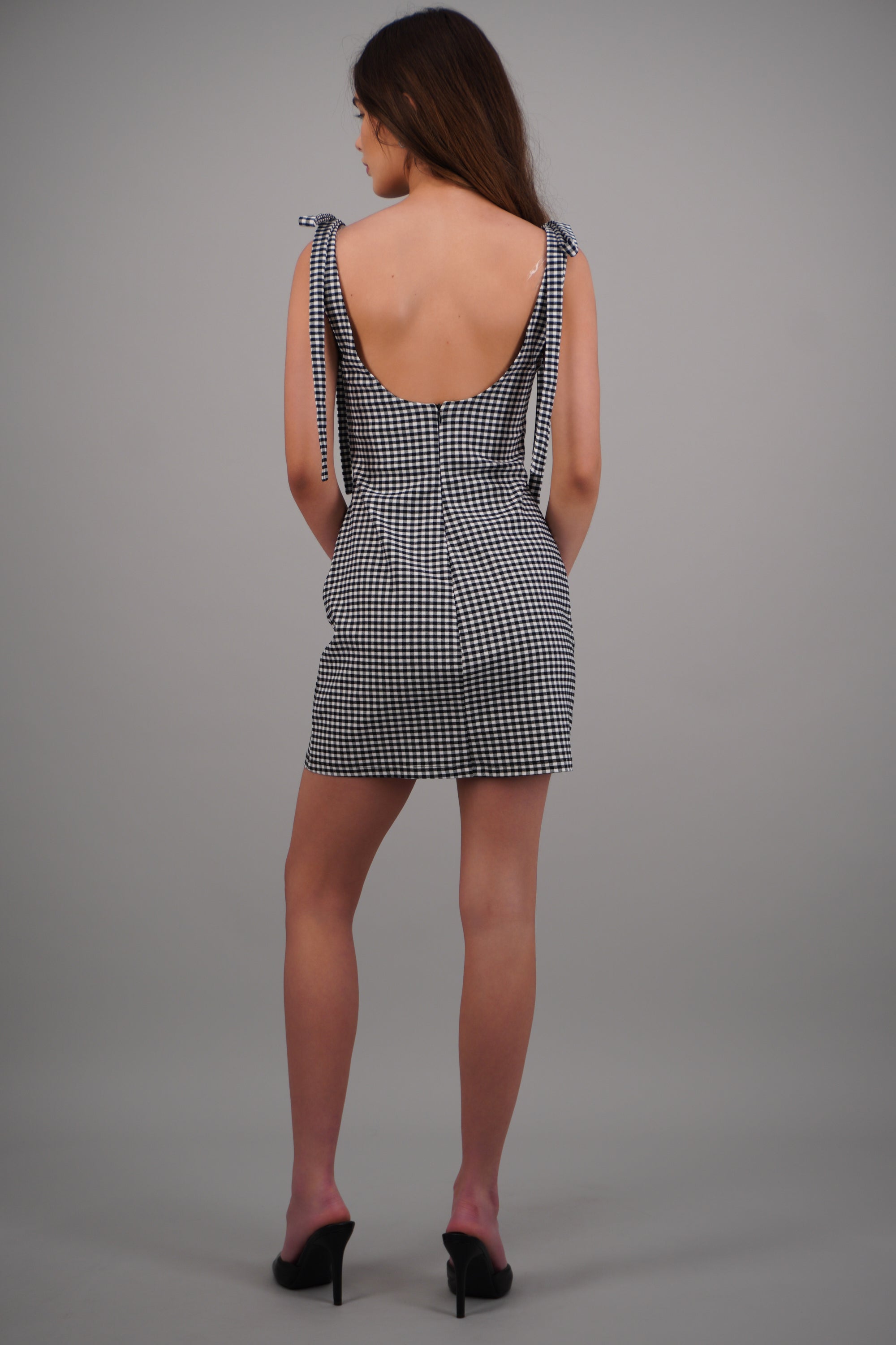 vestido mini cuadros tirantes moño NEGRO COMBO