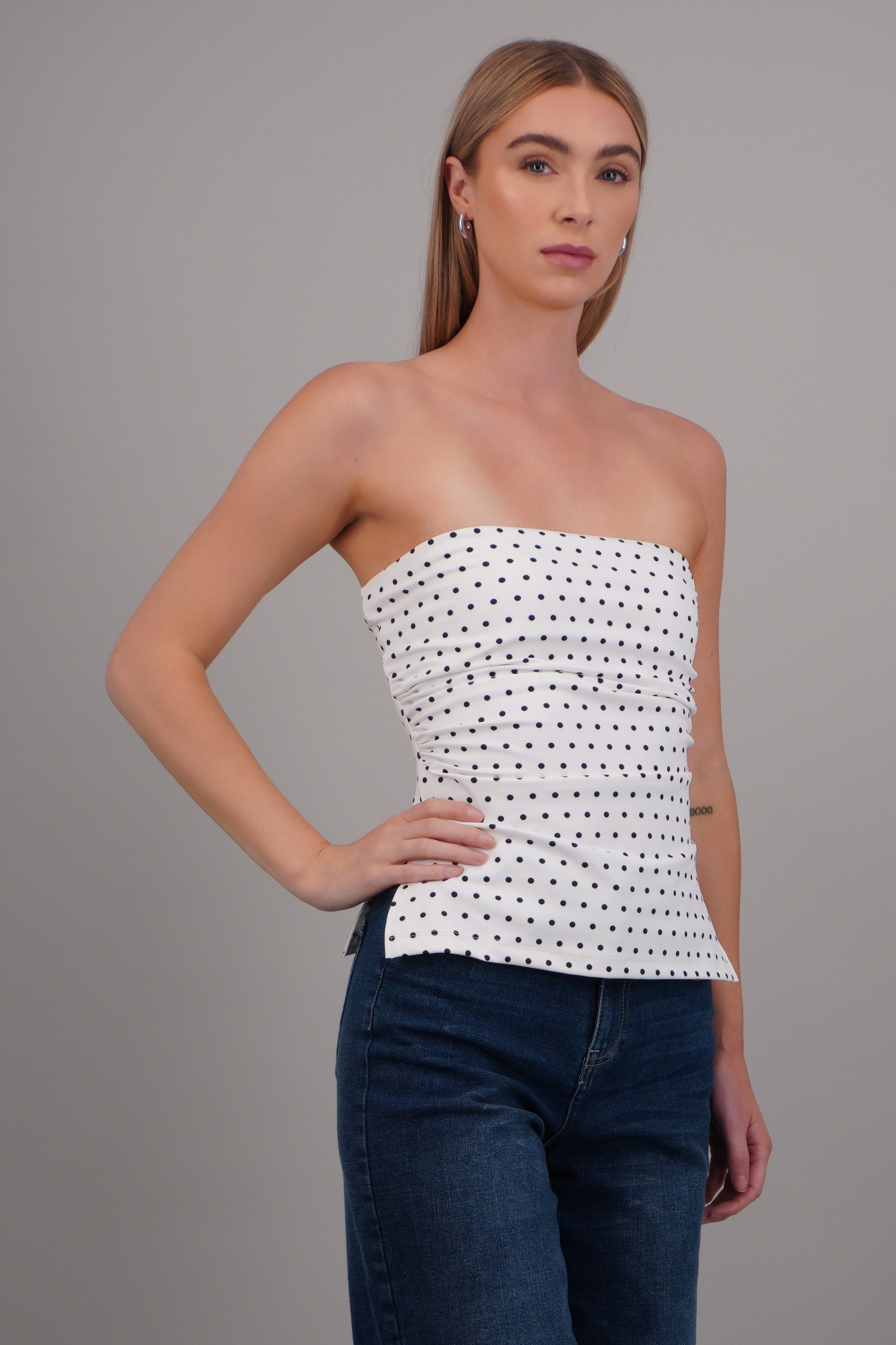 top strapless fruncido polka dots BLANCO COMBO