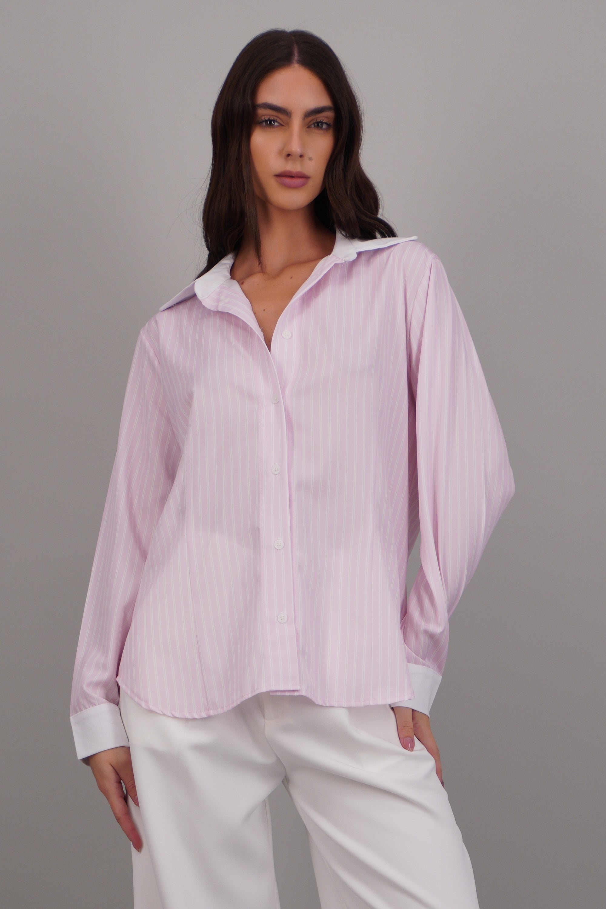 camisa rayas cuello contraste ROSA COMBO
