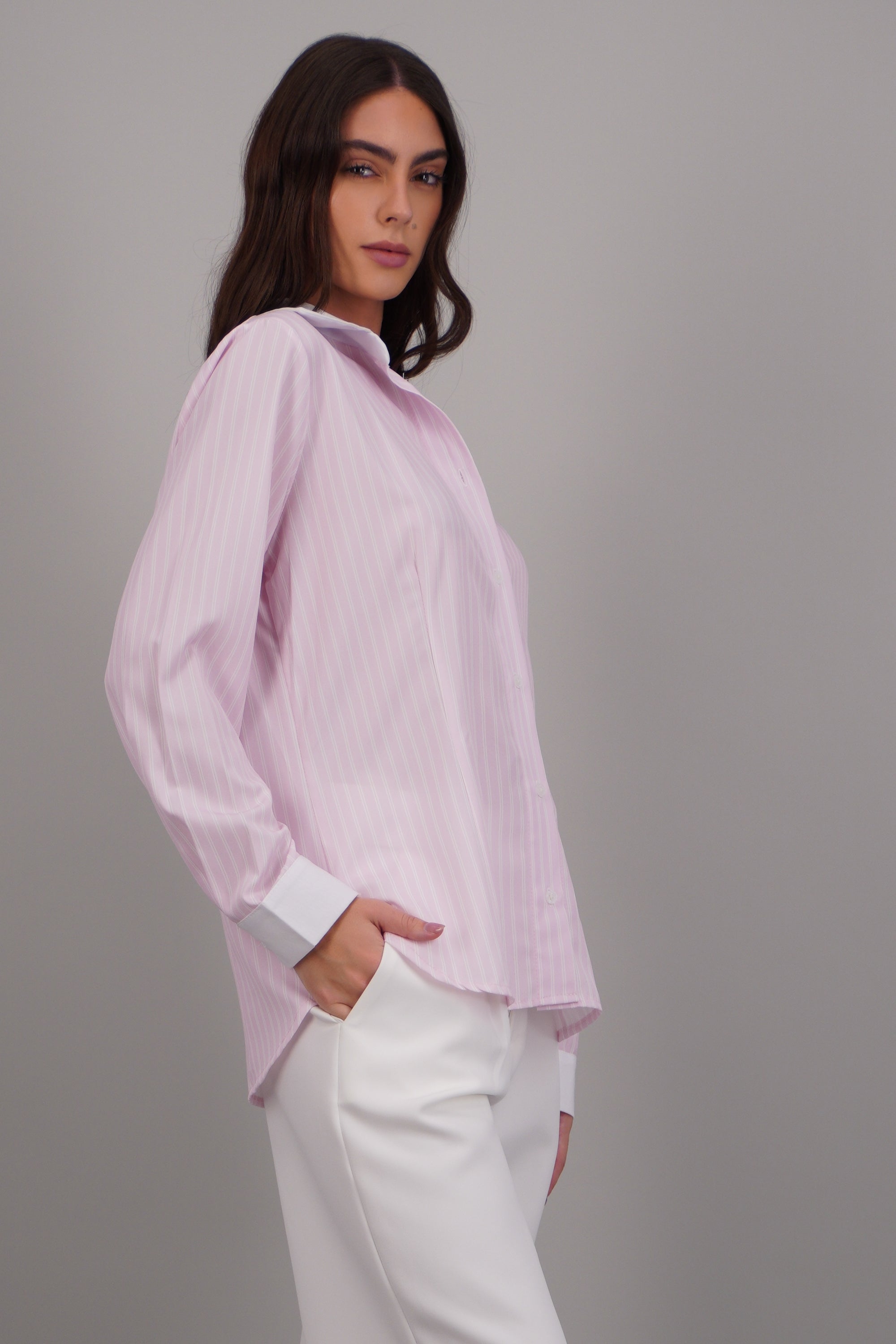 camisa rayas cuello contraste ROSA COMBO