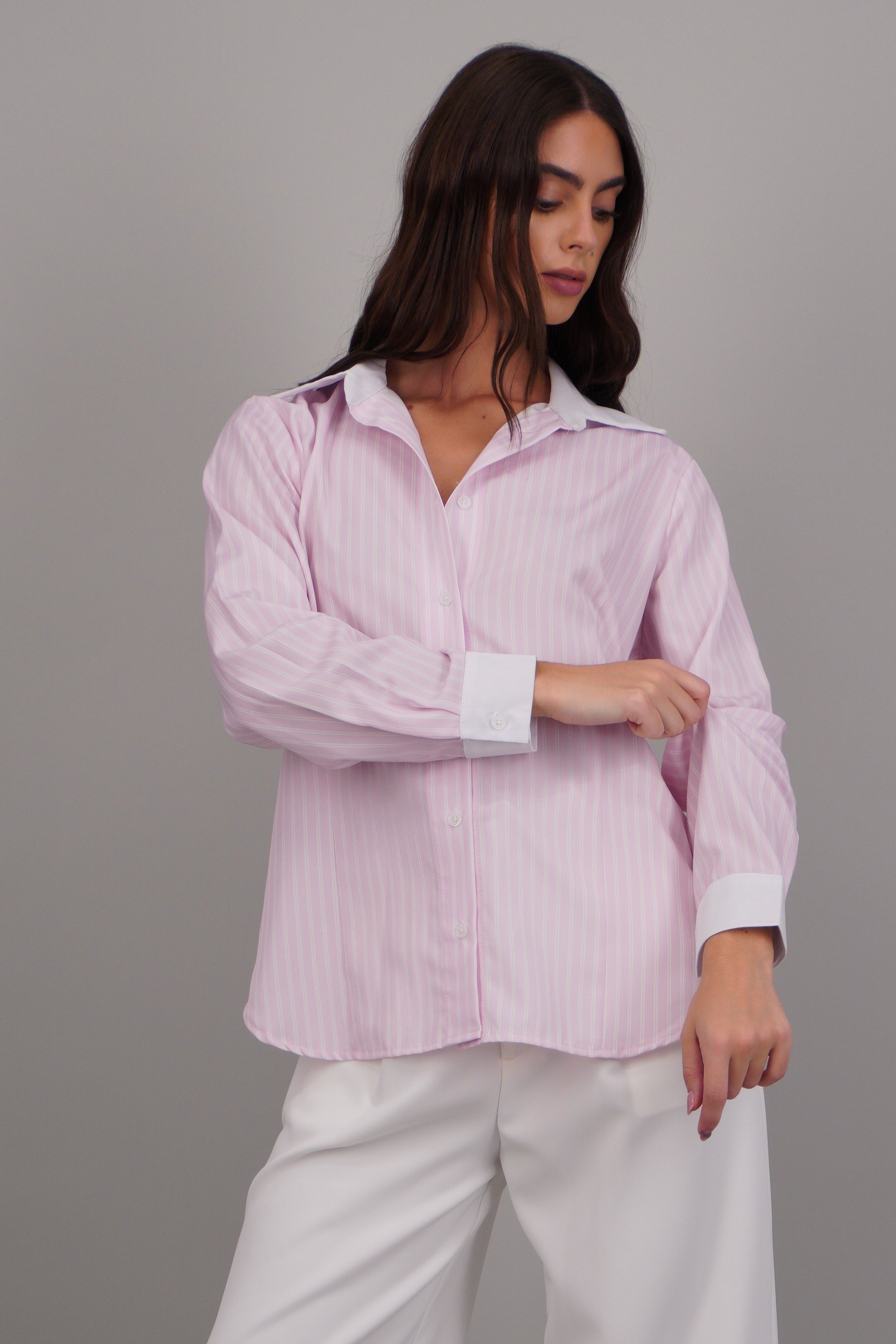 camisa rayas cuello contraste ROSA COMBO