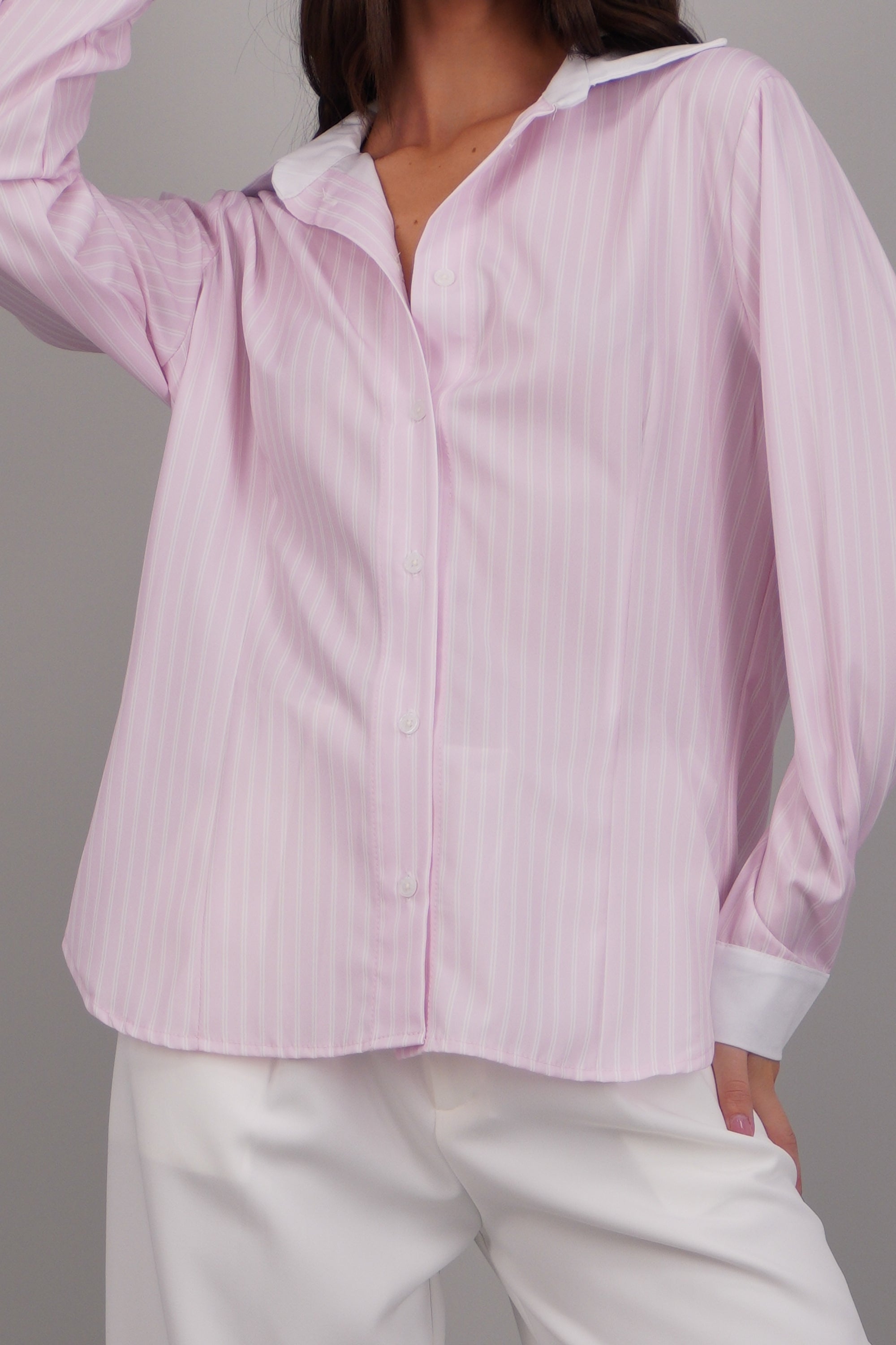 camisa rayas cuello contraste ROSA COMBO