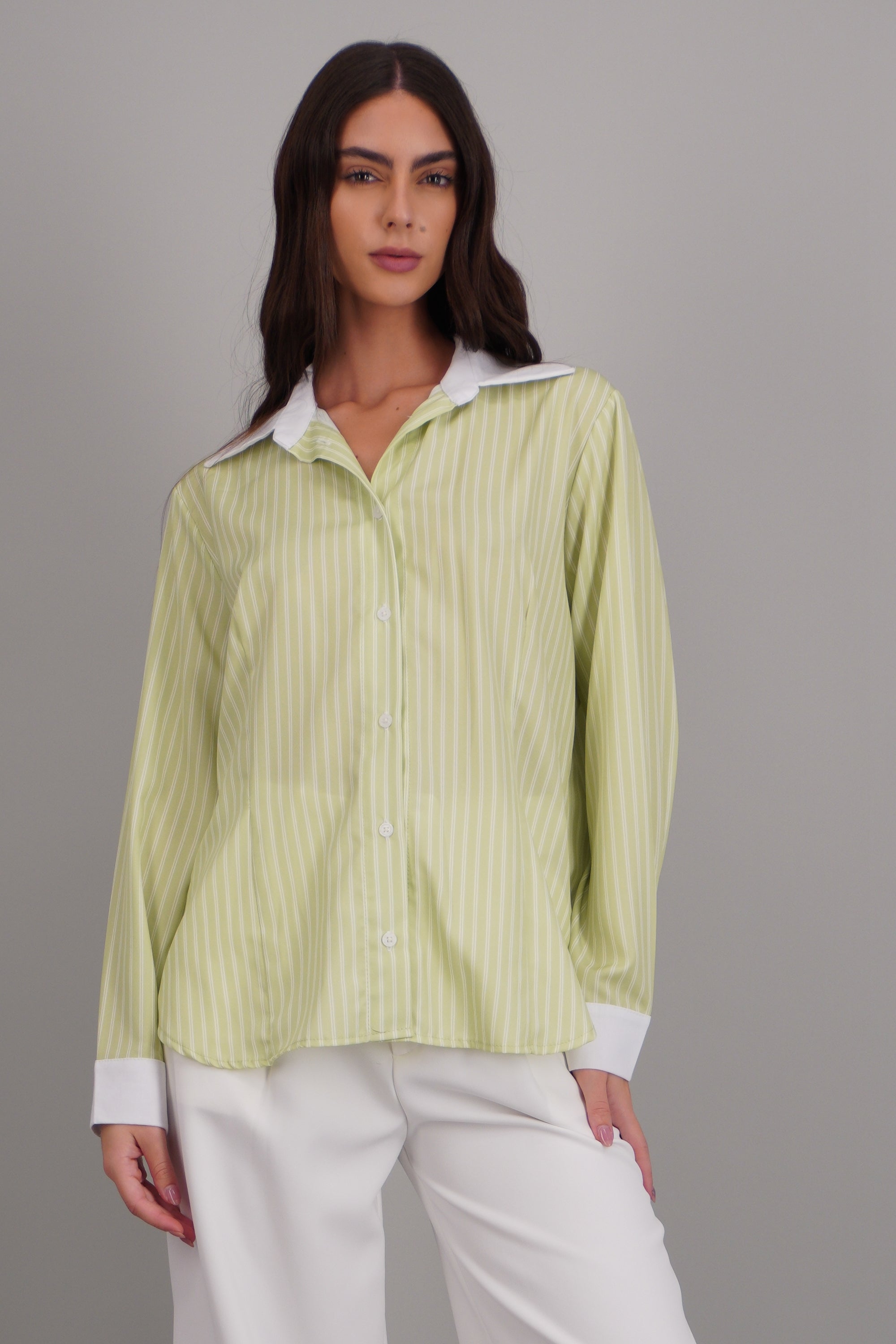 camisa rayas cuello contraste VERDE COMBO