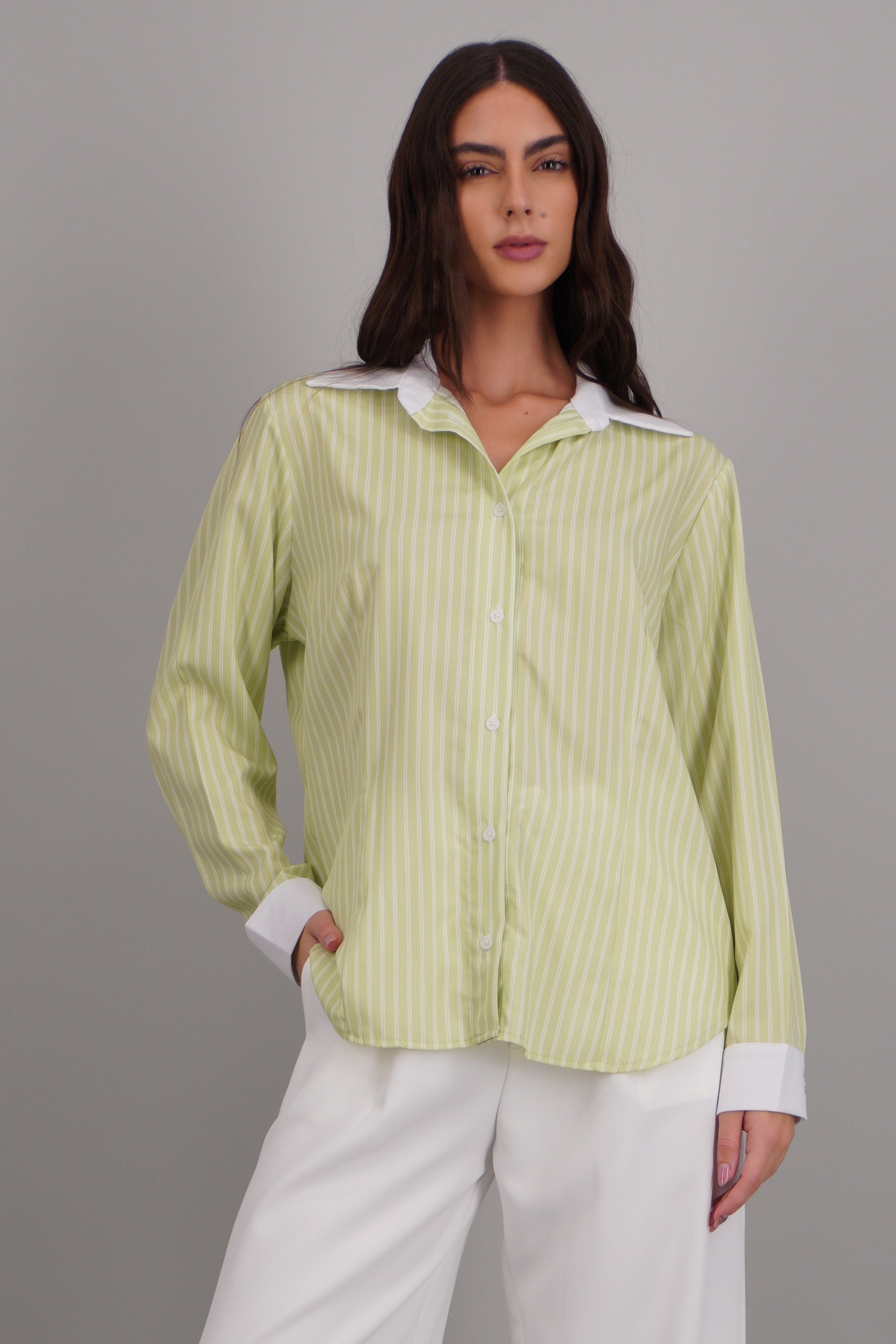 camisa rayas cuello contraste VERDE COMBO