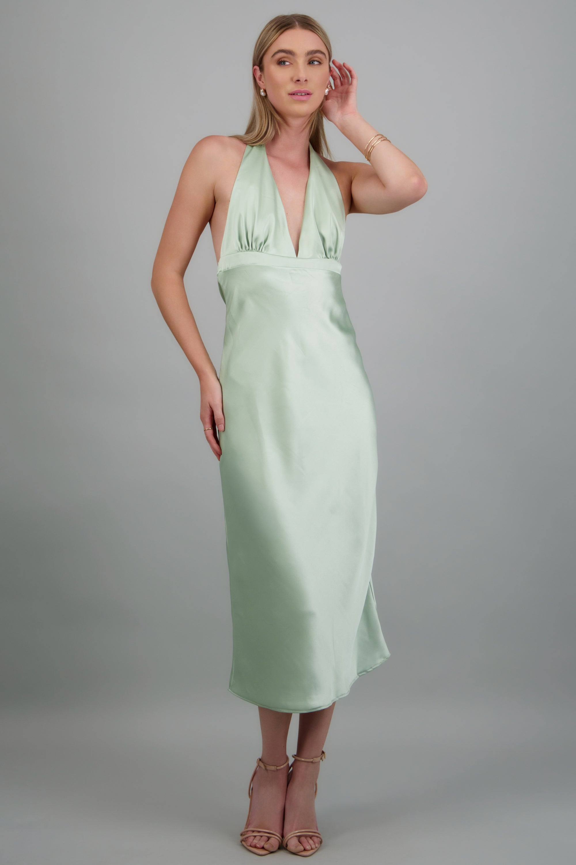 Vestido escote V satin amarre espalda SAGE