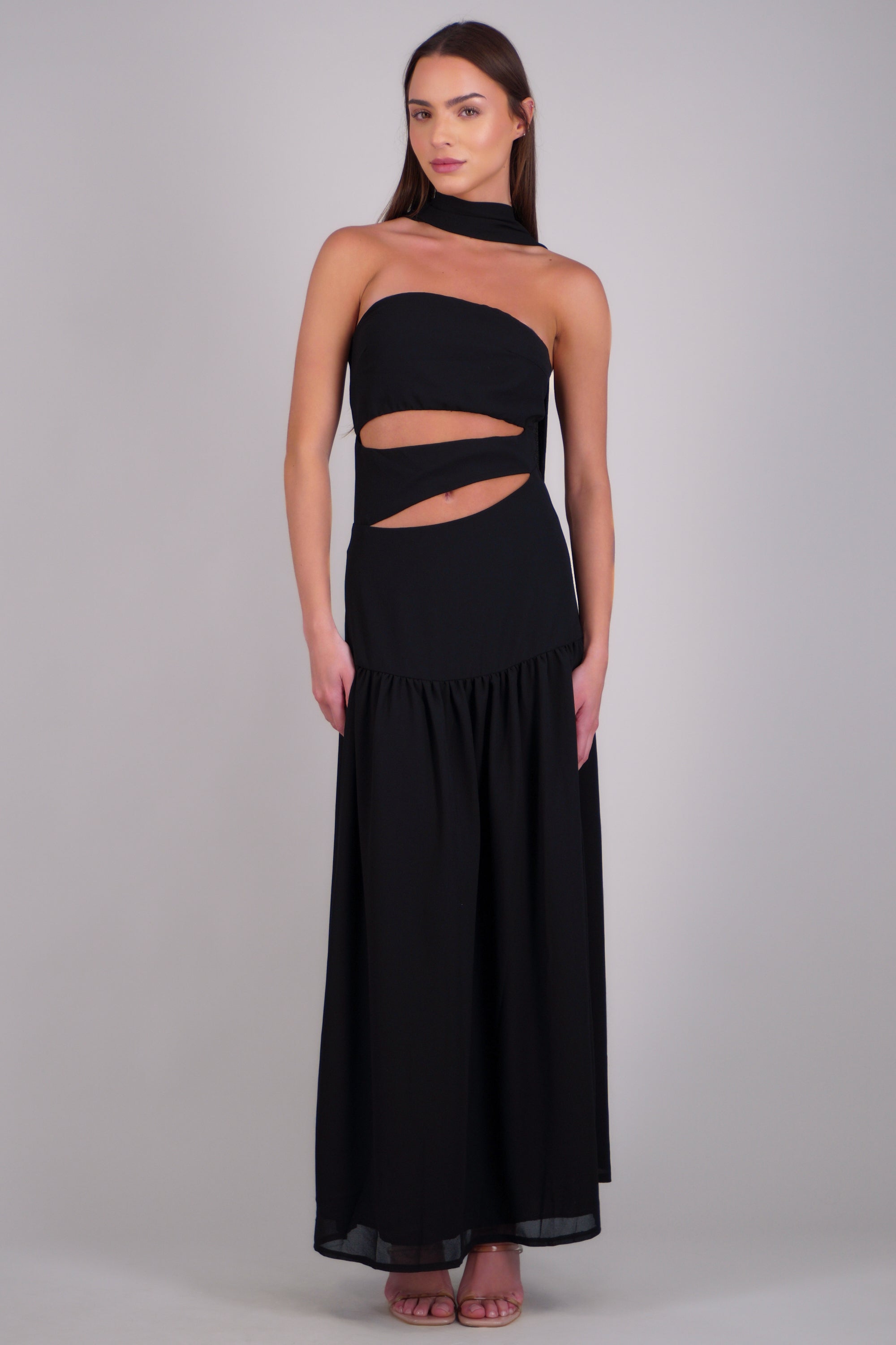 Vestido midi strapples detalle cut out NEGRO