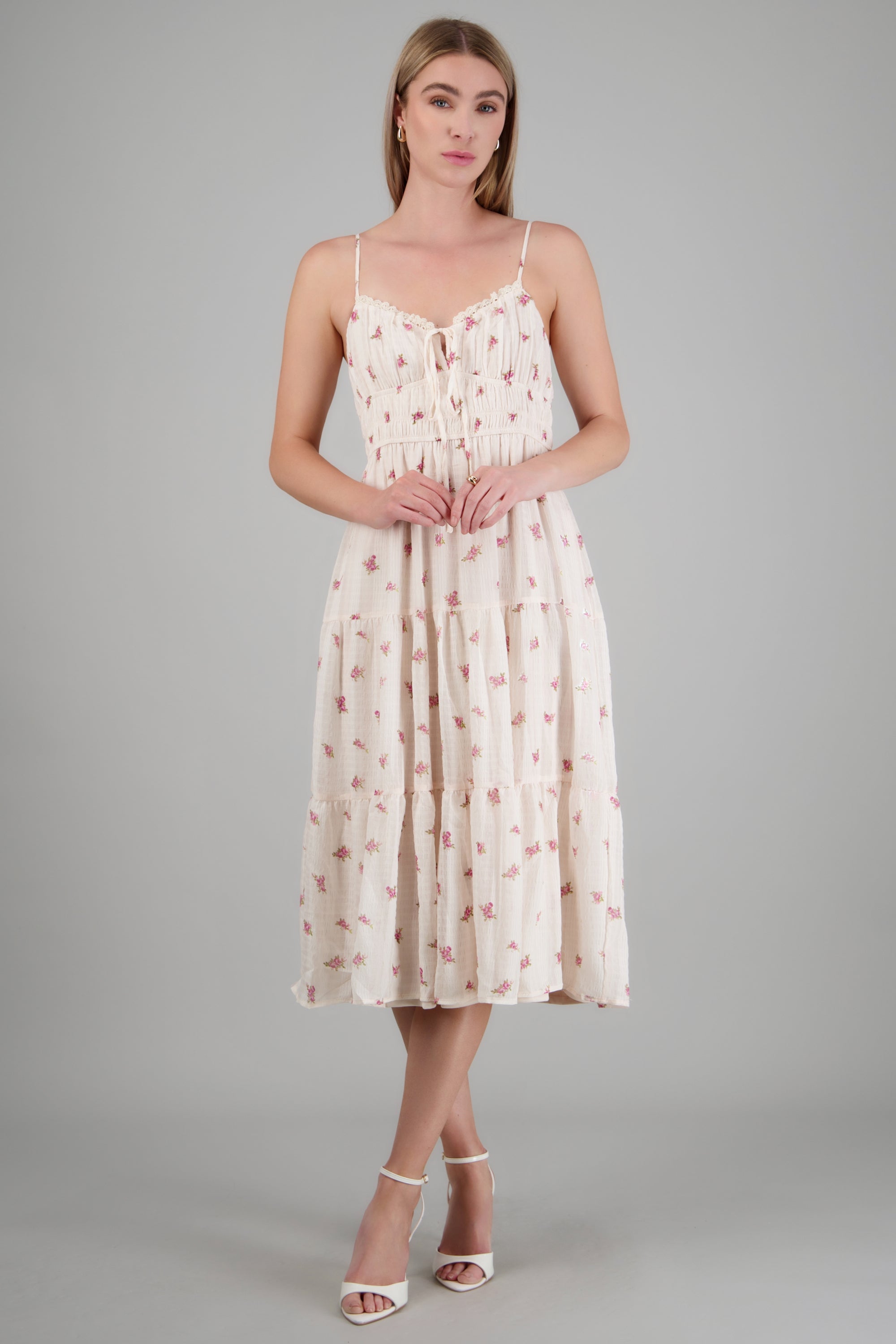Vestido maxi flores detalle encaje BLANCO COMBO