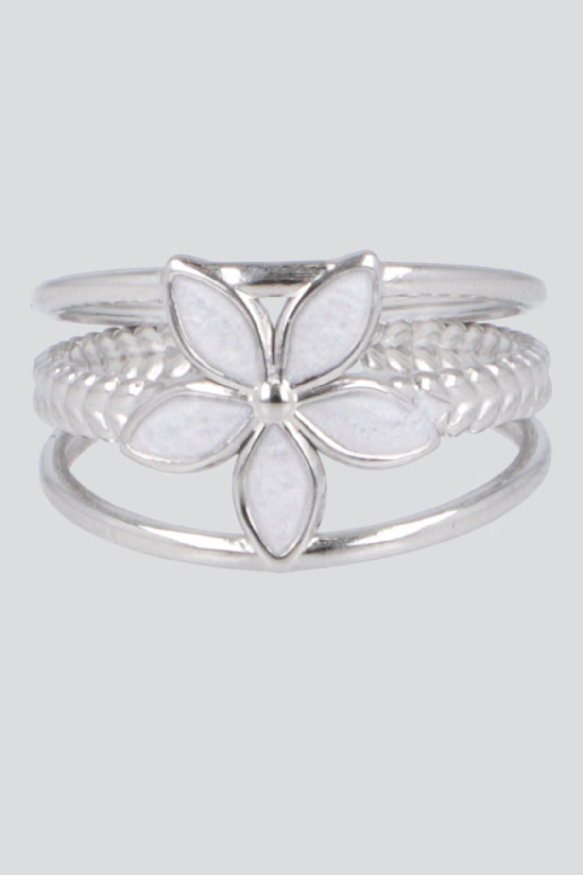 Anillo 3 lineas flor esmalte pq PLATA