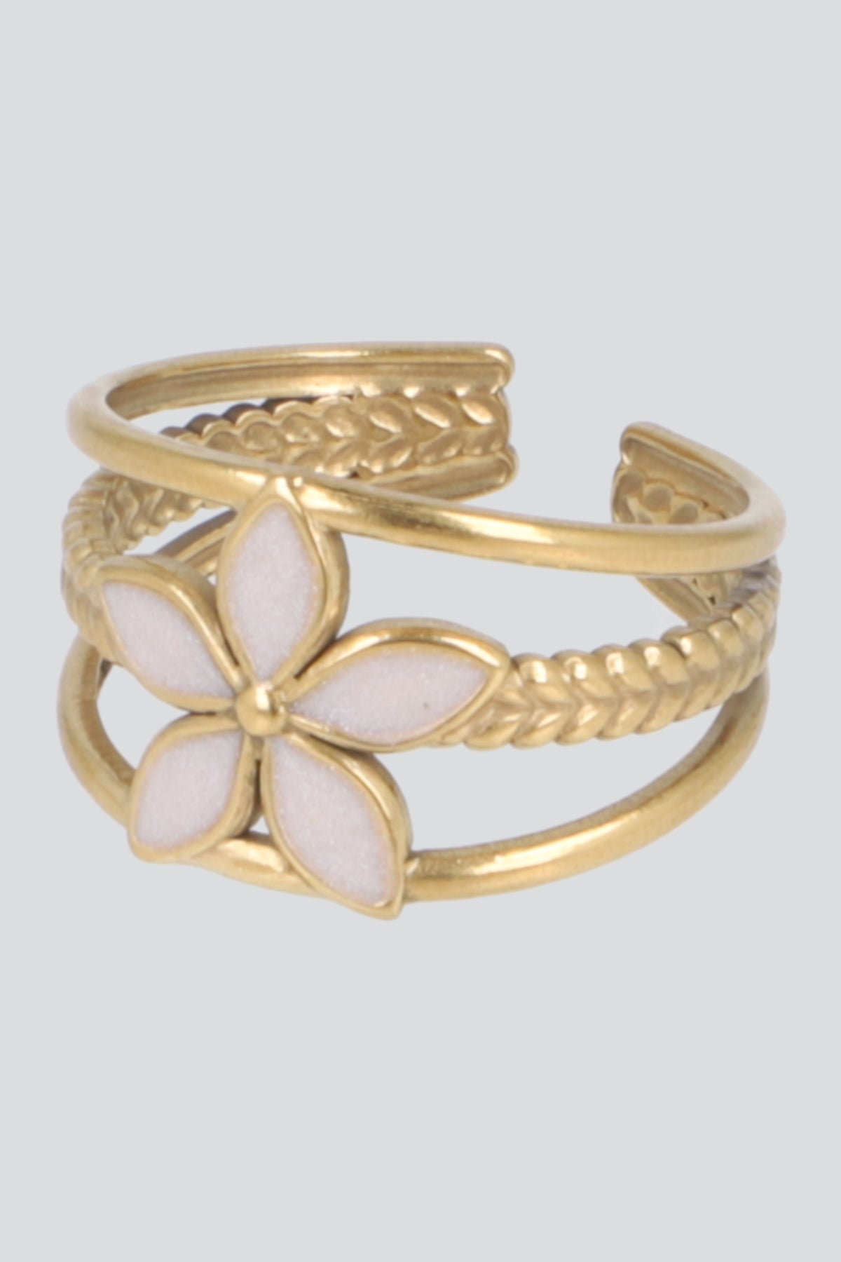 Anillo 3 lineas flor esmalte pq ORO