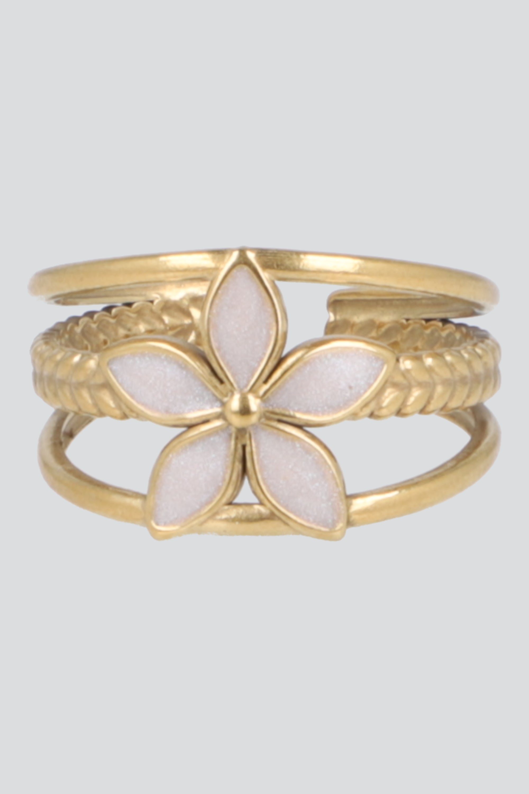 Anillo 3 lineas flor esmalte pq ORO