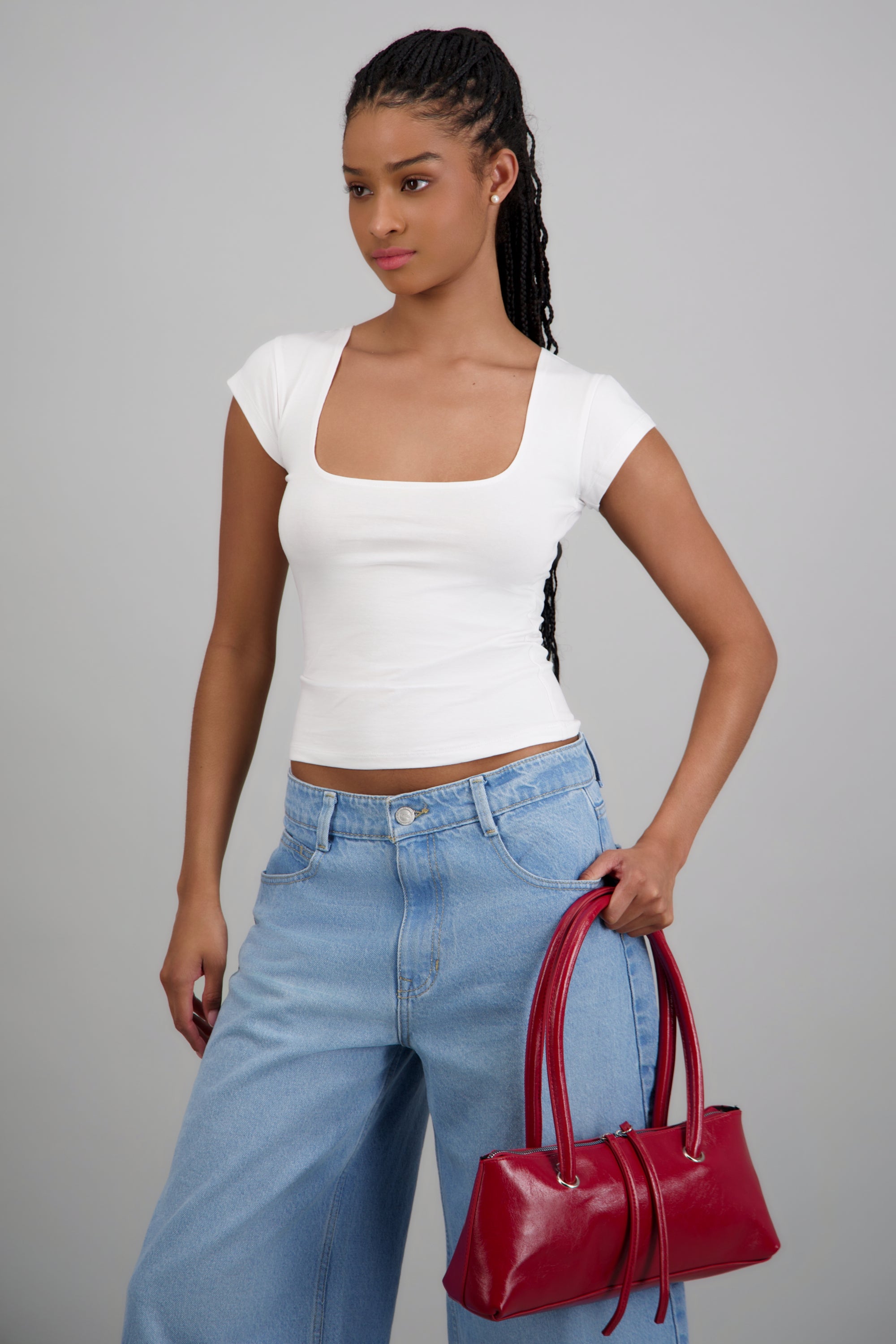 Top manga corta escote cuadrado BLANCO