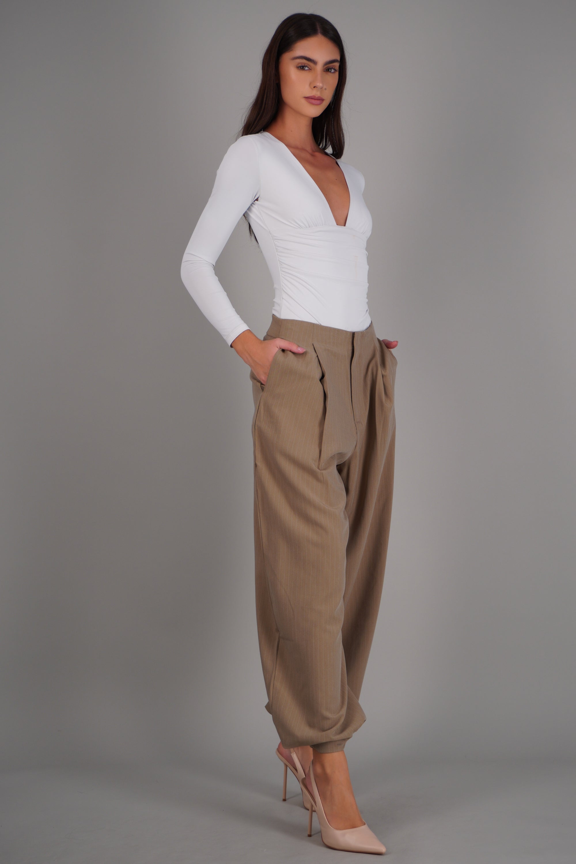 Pantalon globo de vestir rayas BEIGE
