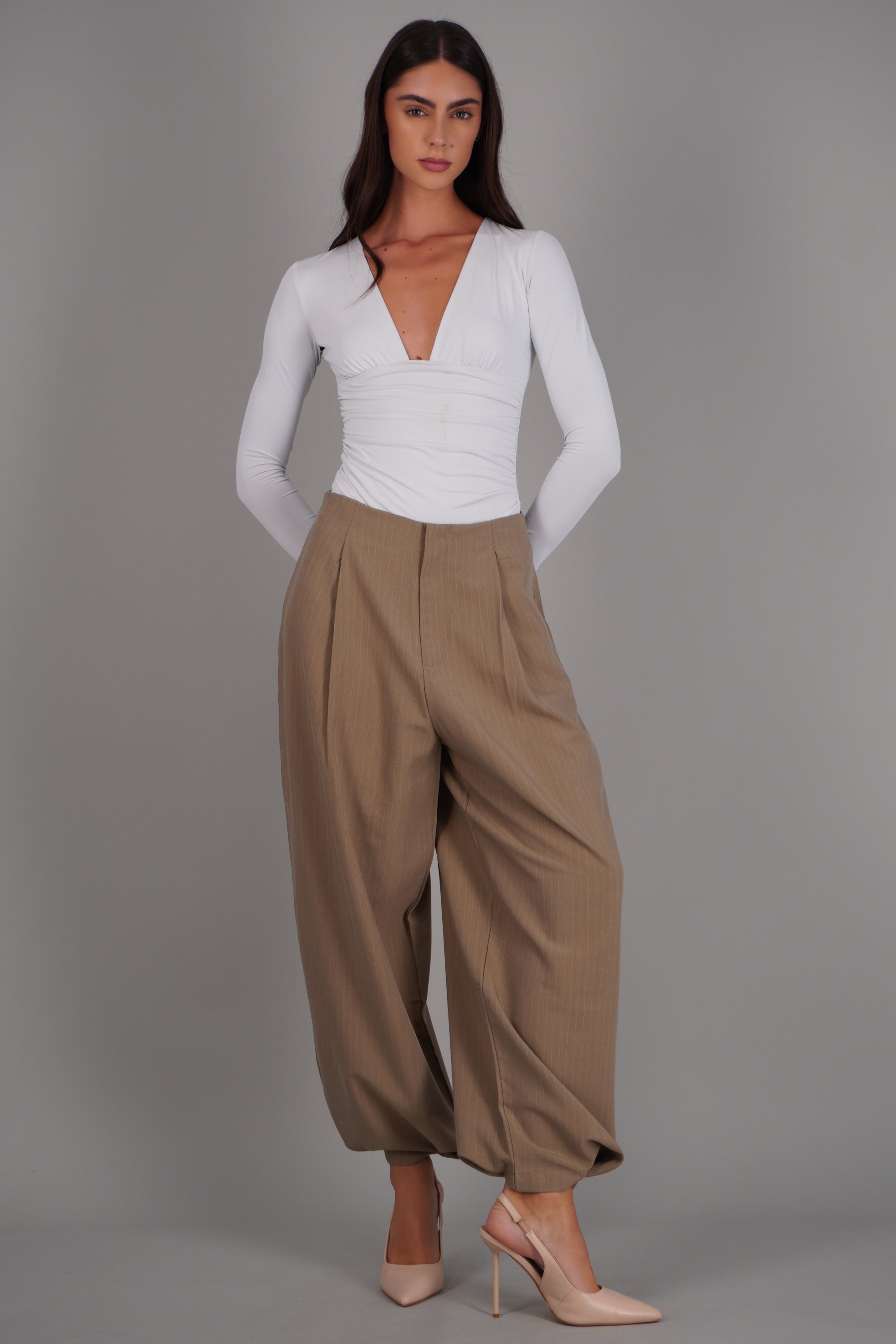 Pantalon globo de vestir rayas BEIGE