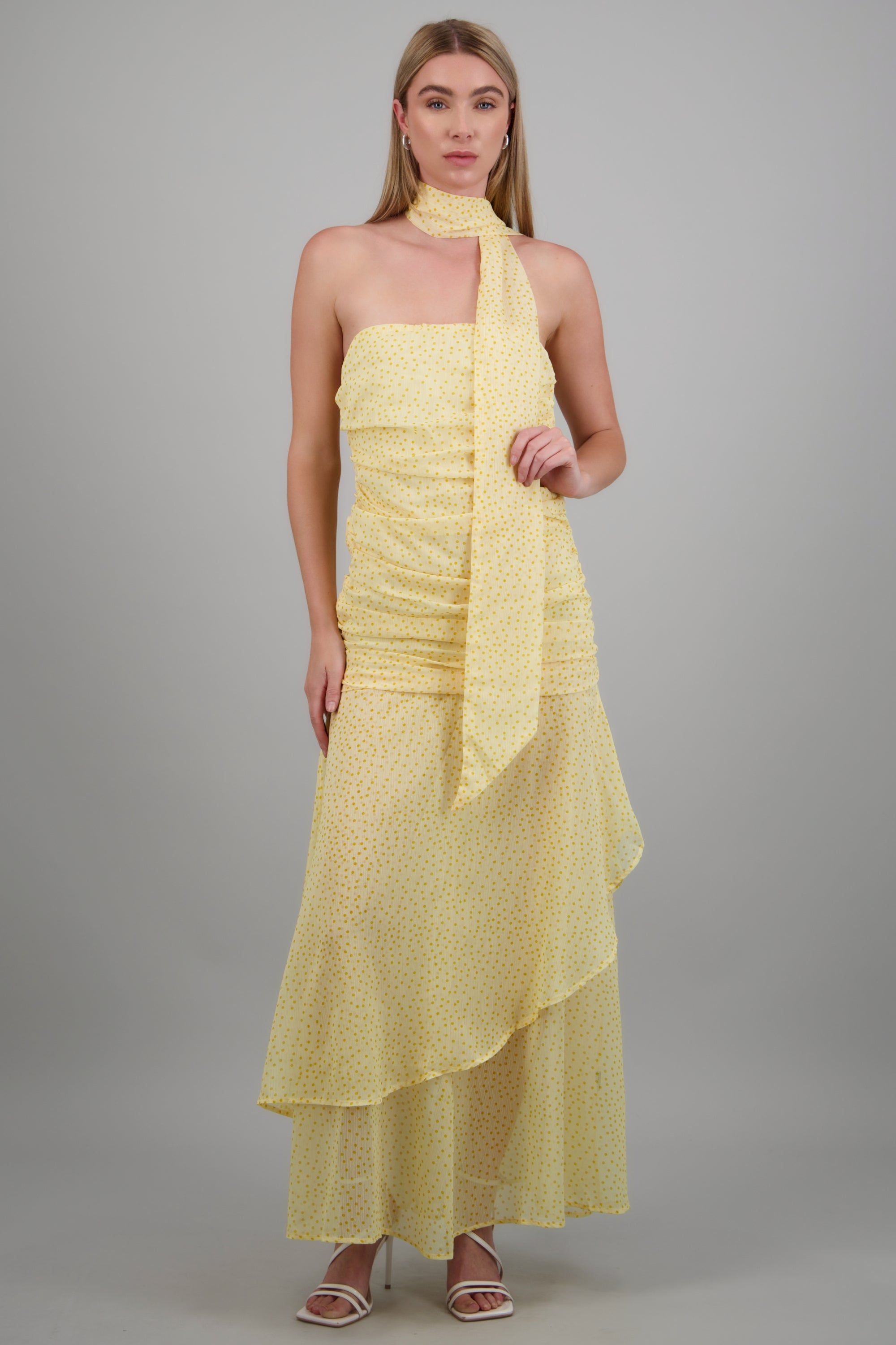 Vestido maxi strapless drapeado polka dots AMARILLO
