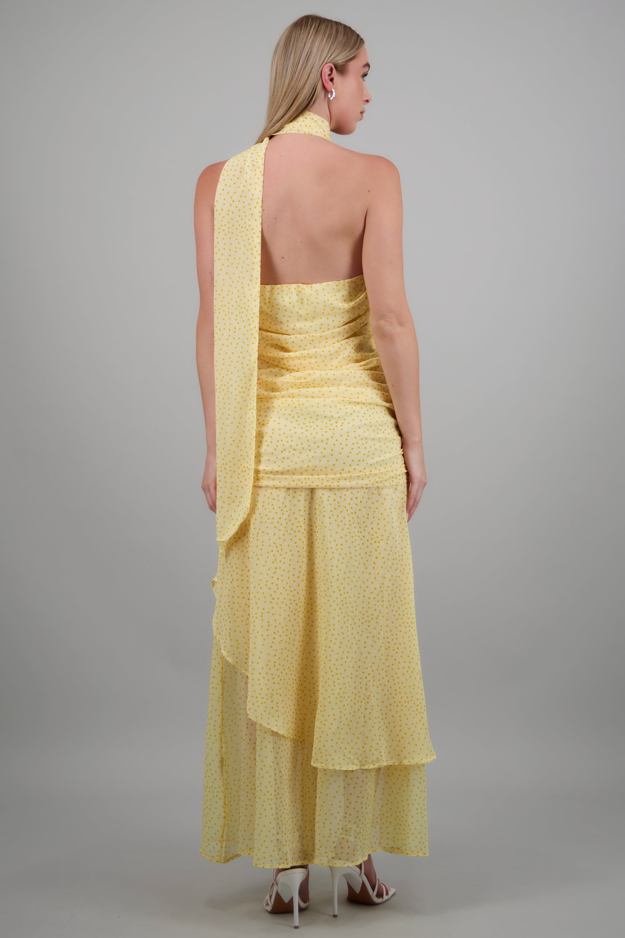 Vestido maxi strapless drapeado polka dots AMARILLO