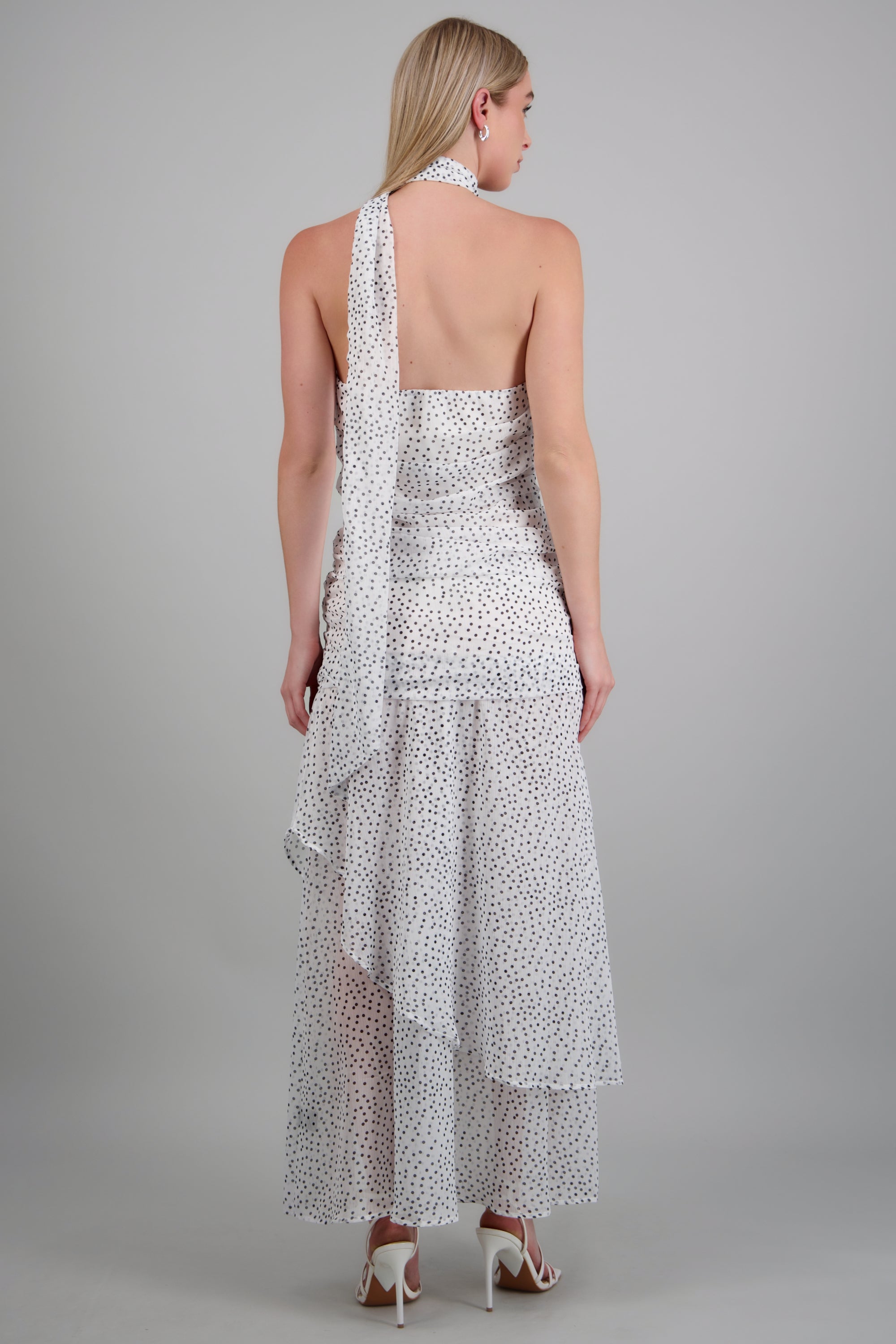 Vestido maxi strapless drapeado polka dots BLANCO