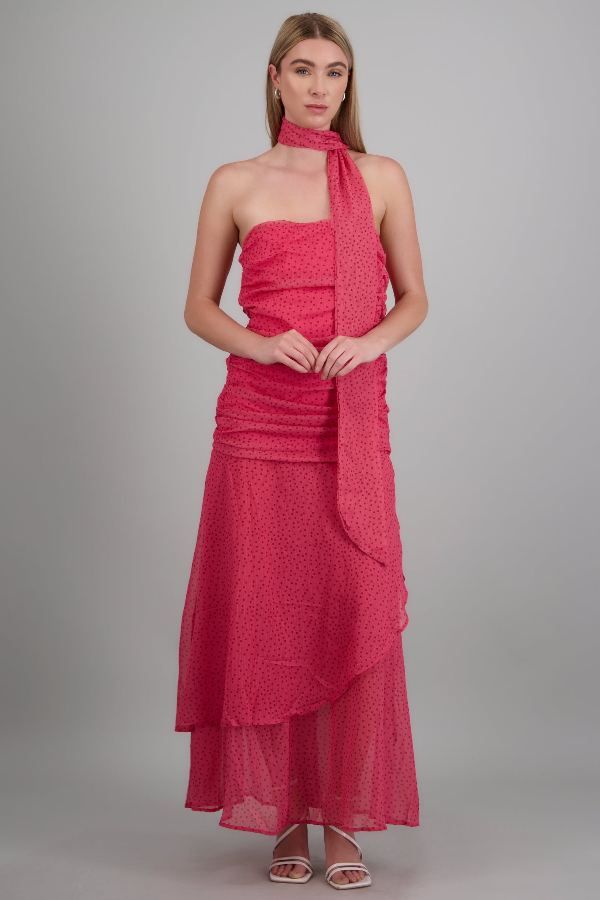 Vestido maxi strapless drapeado polka dots FIUSHA
