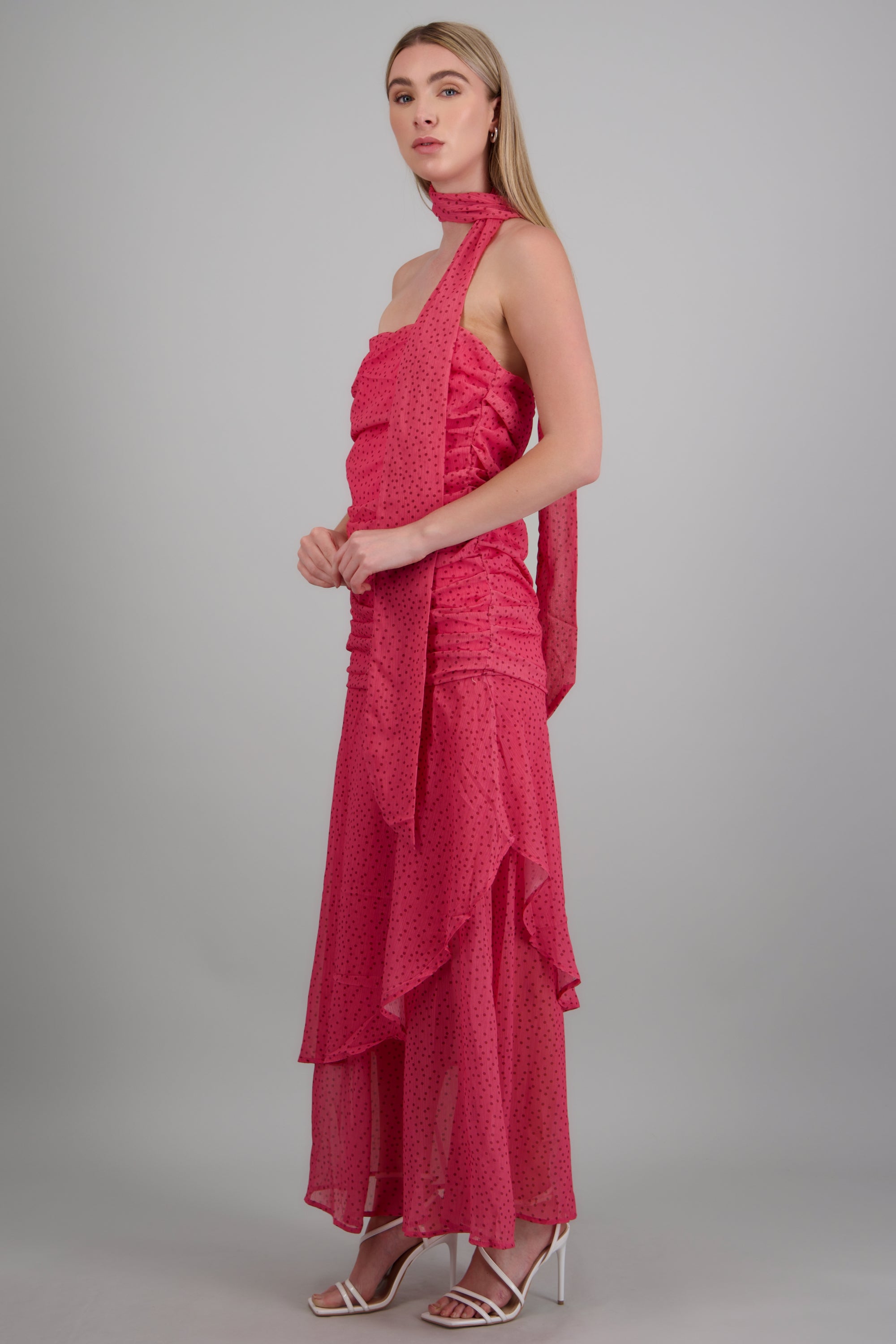 Vestido maxi strapless drapeado polka dots FIUSHA