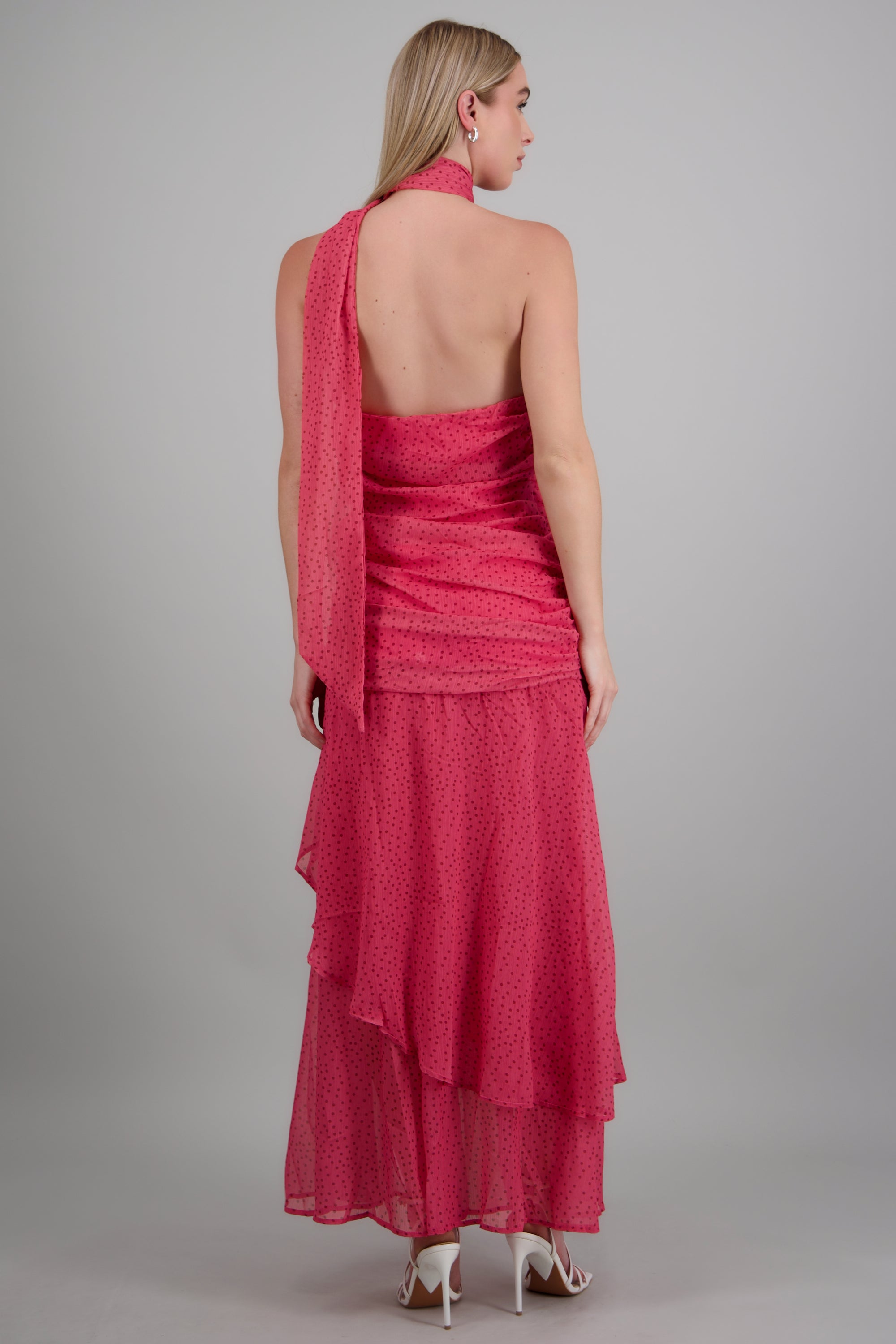 Vestido maxi strapless drapeado polka dots FIUSHA
