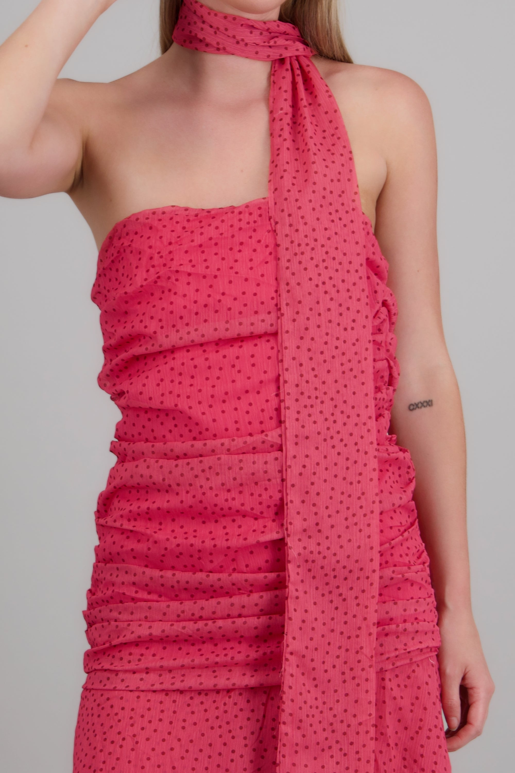 Vestido maxi strapless drapeado polka dots FIUSHA