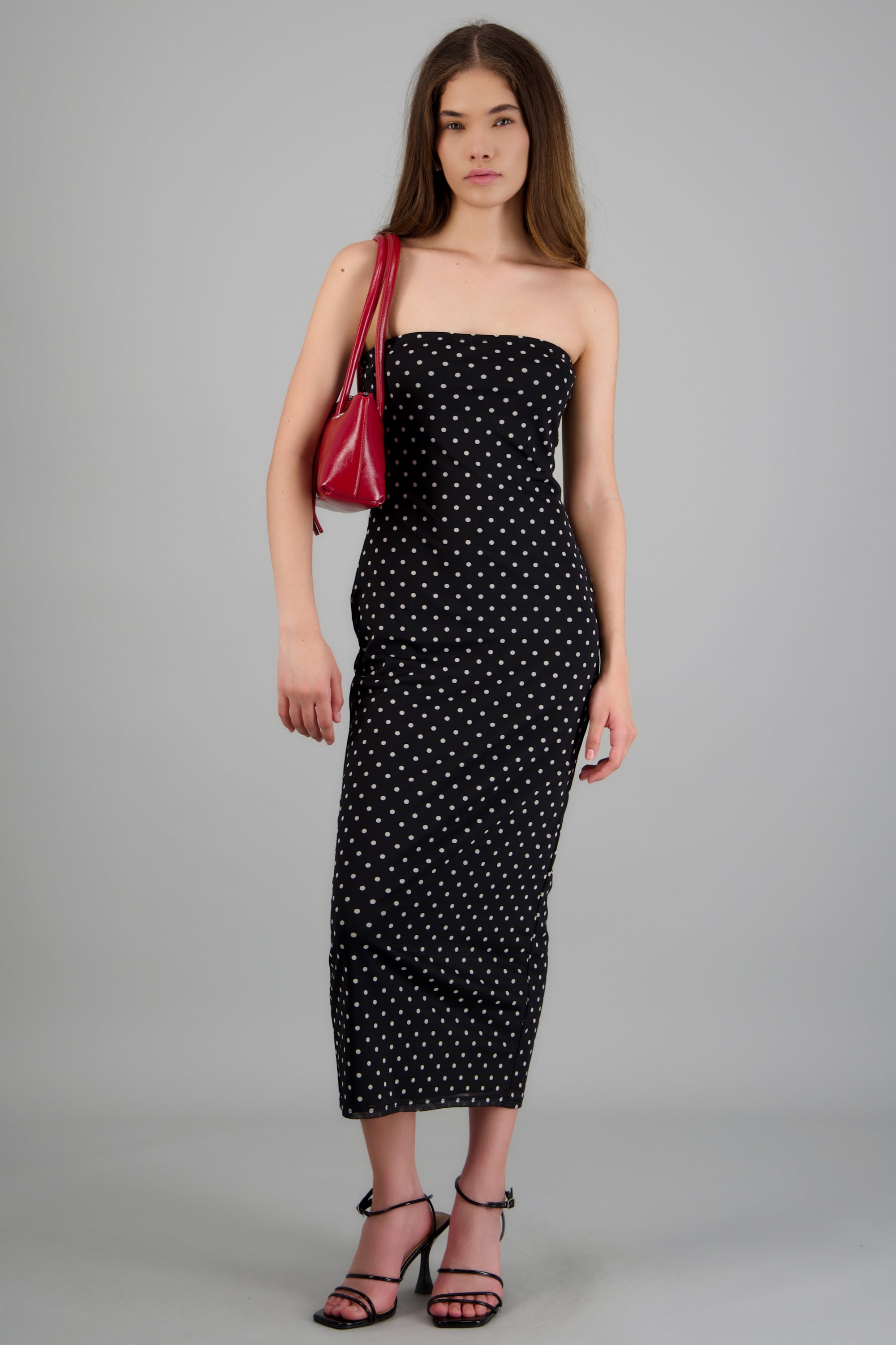 Vestido midi bandeau mesh polkas NEGRO COMBO