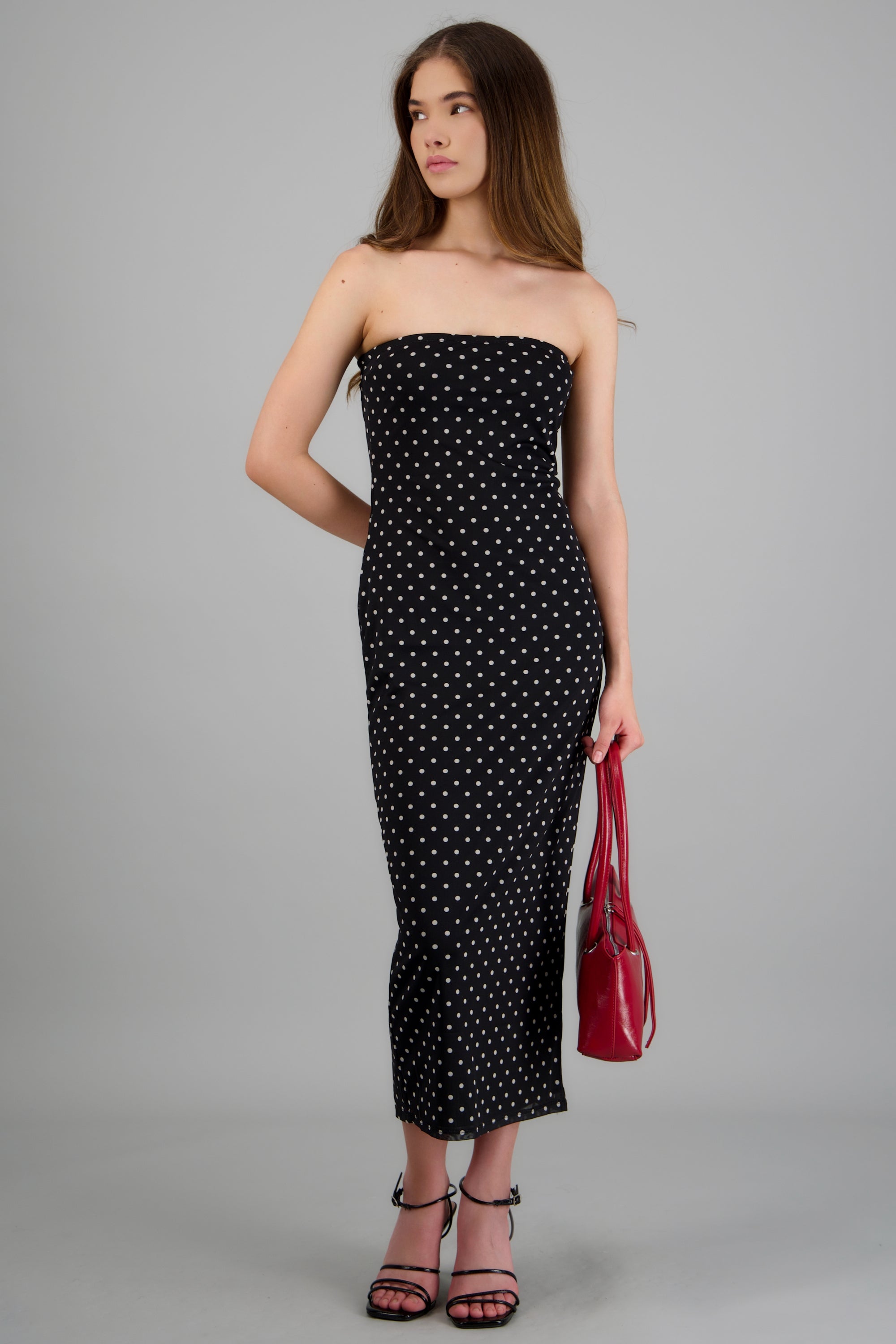 Vestido midi bandeau mesh polkas NEGRO COMBO