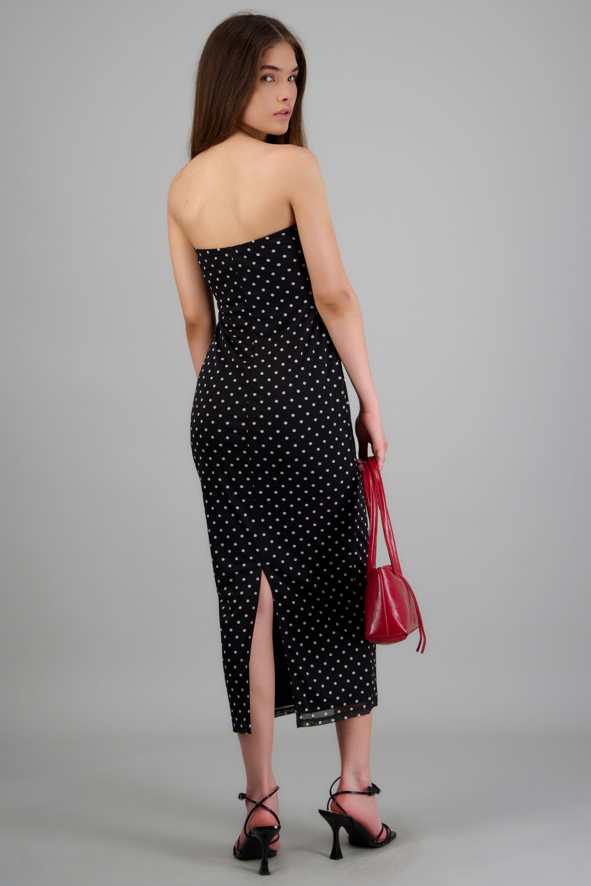 Vestido midi bandeau mesh polkas NEGRO COMBO