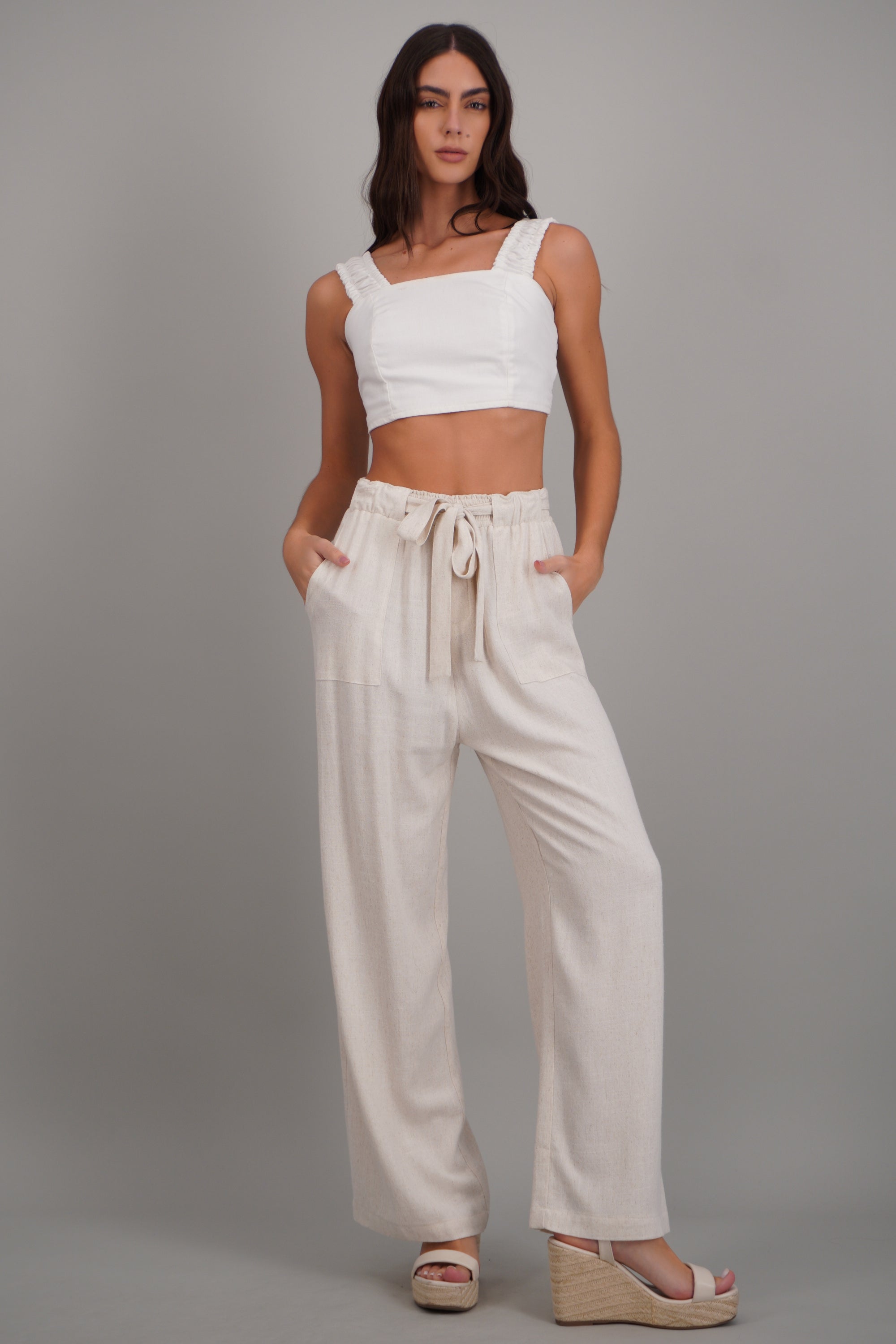 Pantalon lino detalle cinturon HUESO