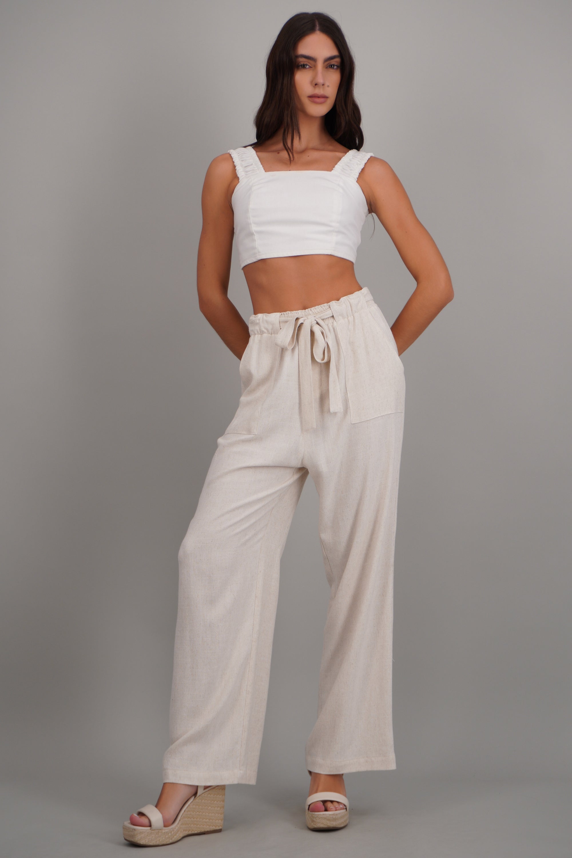 Pantalon lino detalle cinturon HUESO