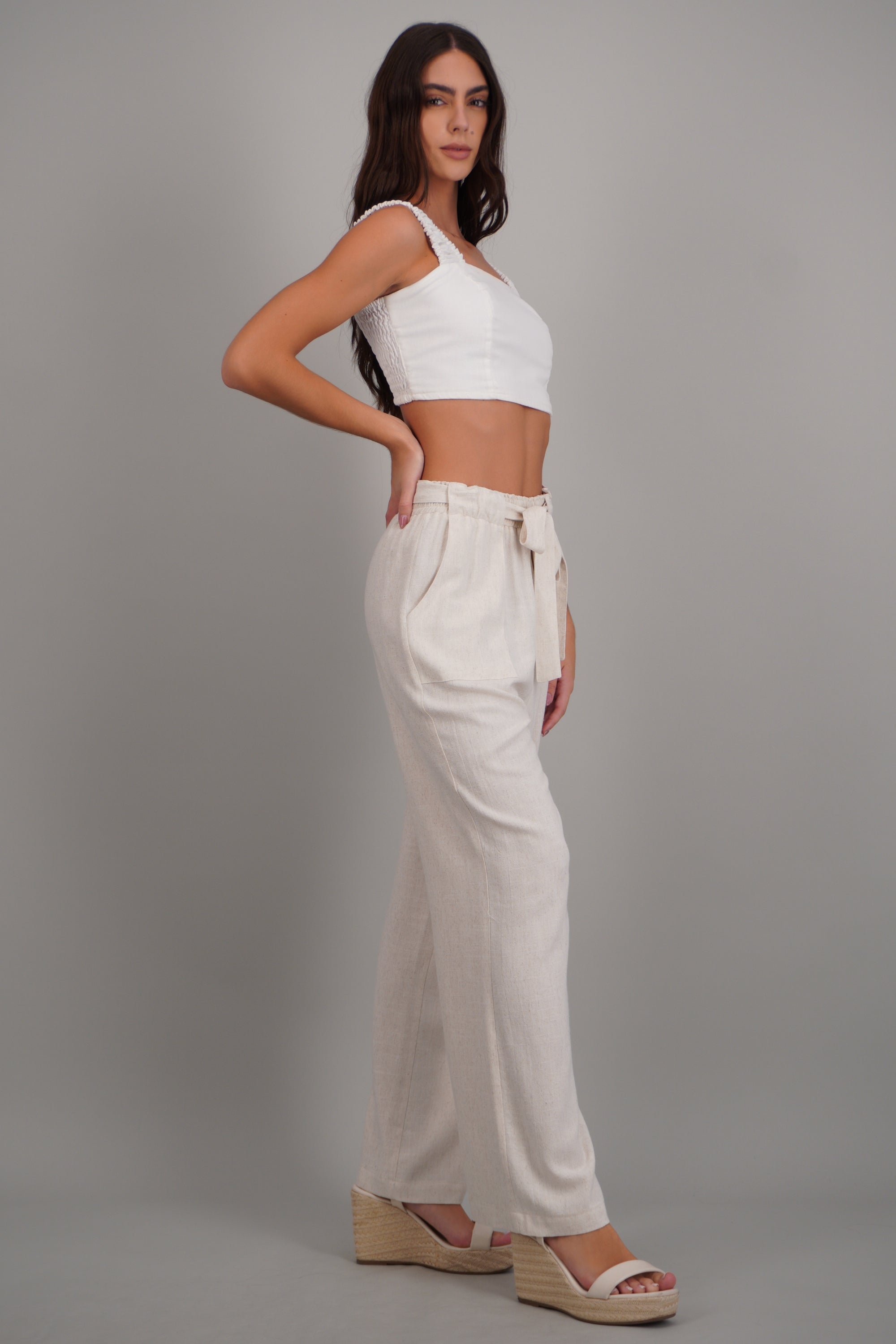 Pantalon lino detalle cinturon HUESO