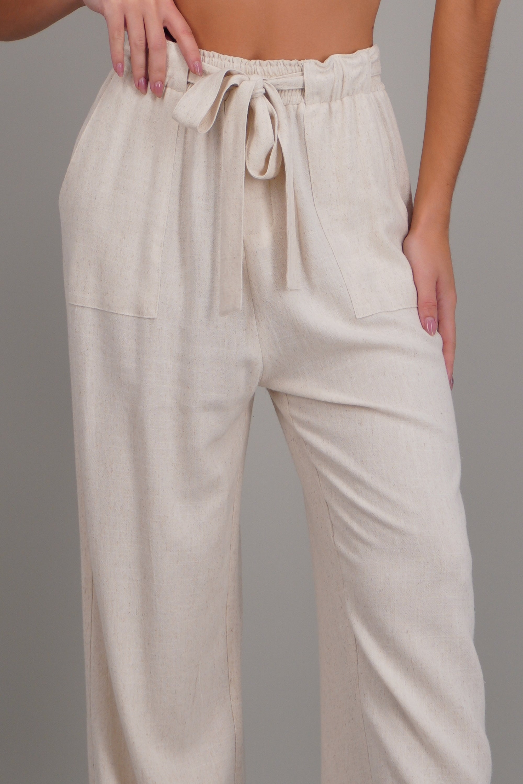 Pantalon lino detalle cinturon HUESO