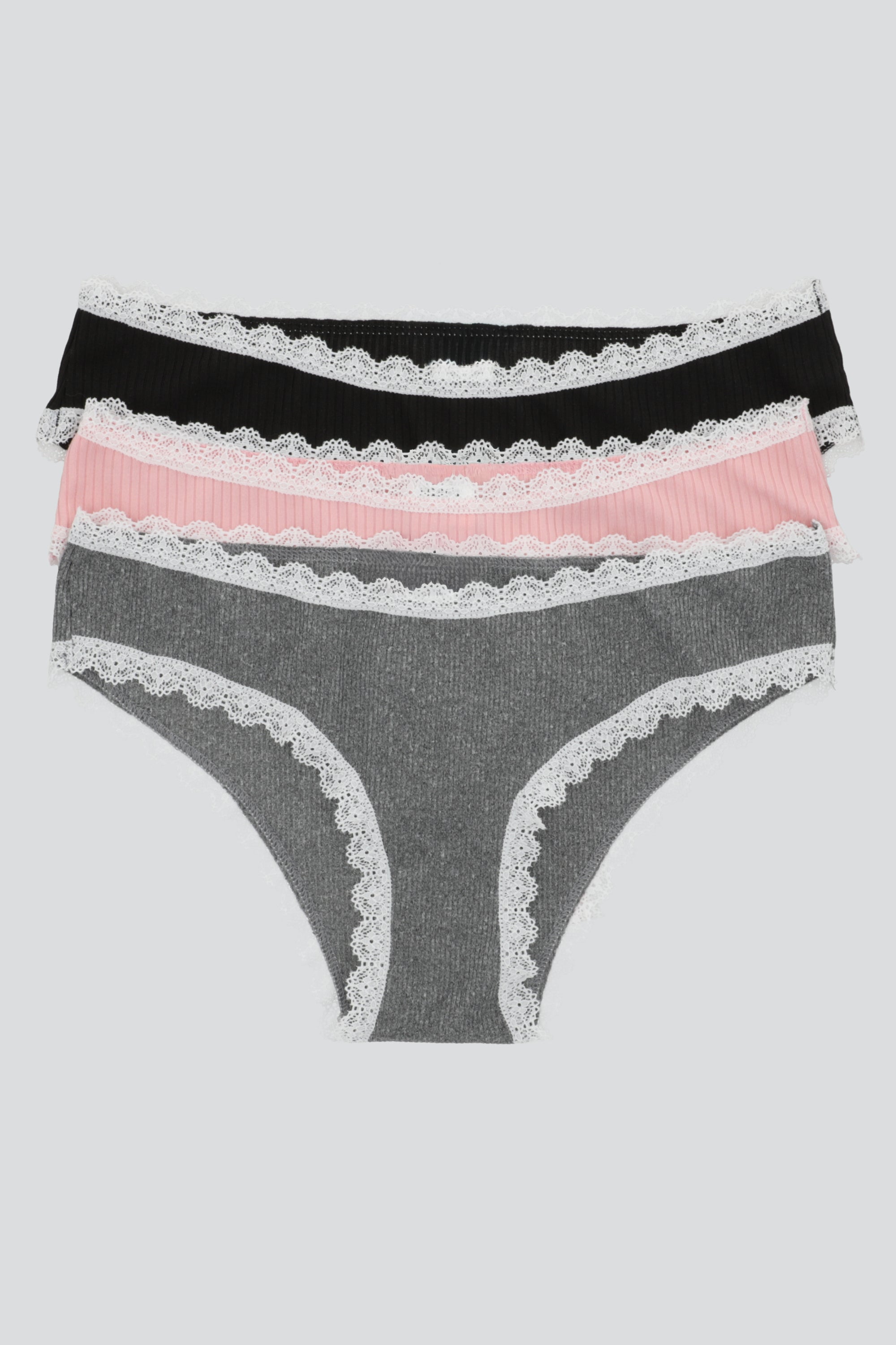 Tripack bikini rib contraste de encaje GRIS COMBO