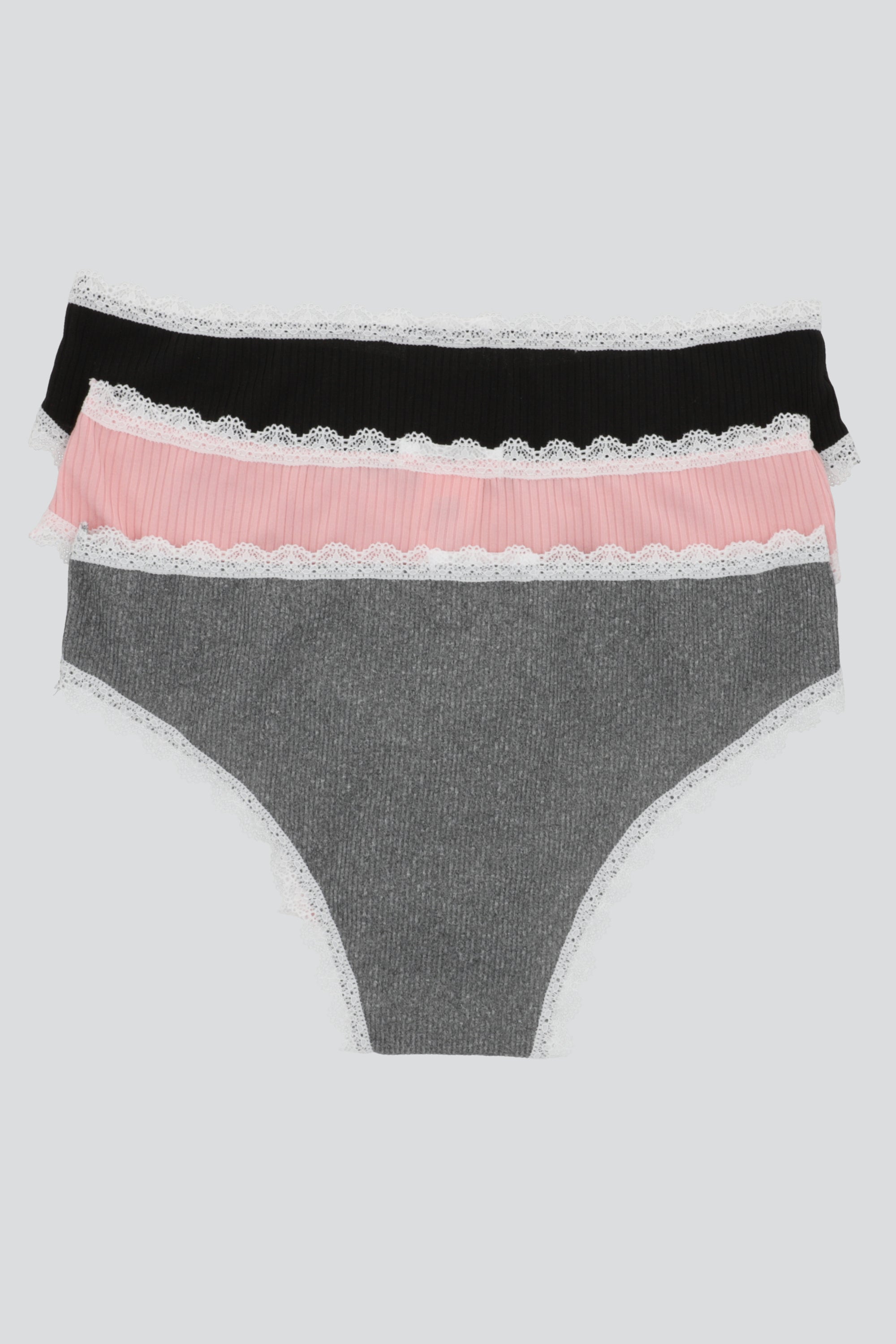 Tripack bikini rib contraste de encaje GRIS COMBO