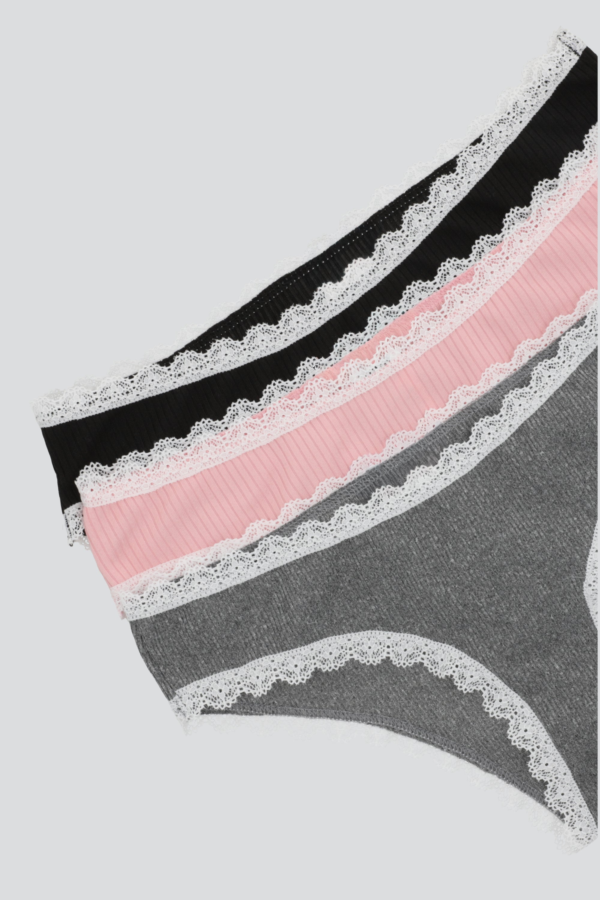 Tripack bikini rib contraste de encaje GRIS COMBO