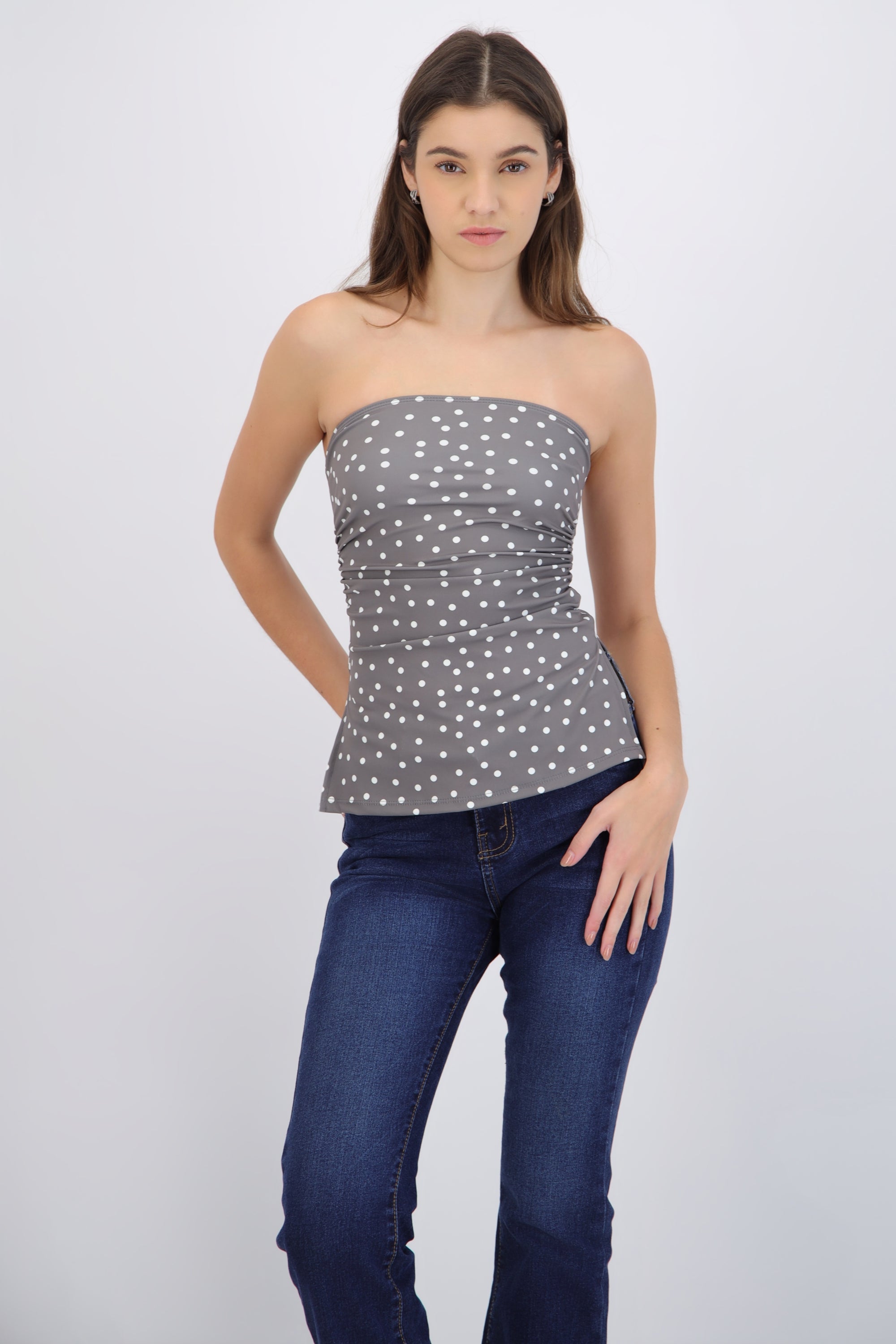 Top tubo con detalle pliegues polka dots