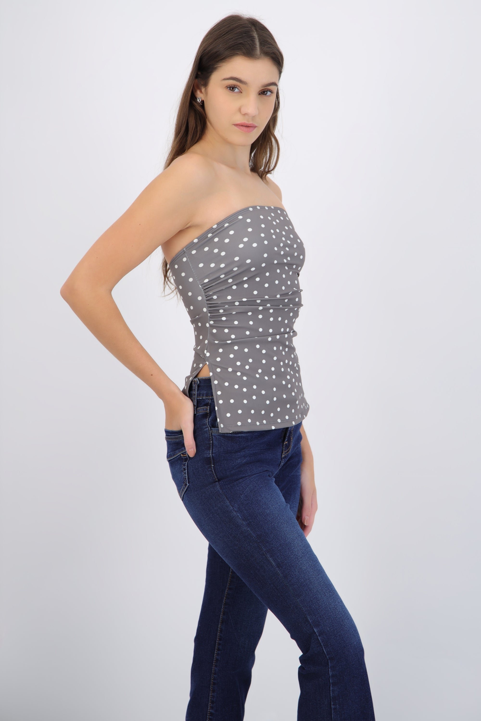 Top tubo con detalle pliegues polka dots
