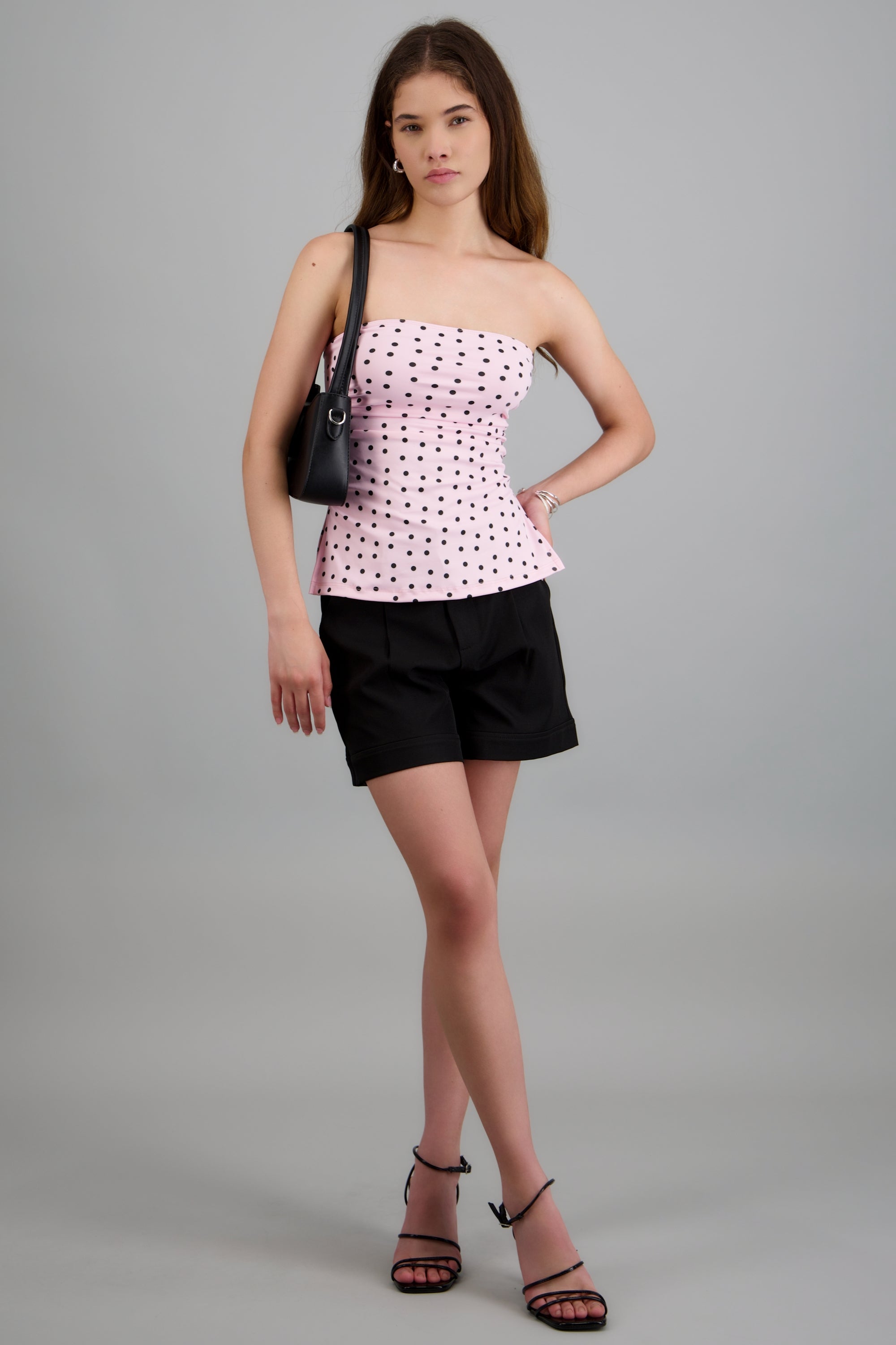 Top tubo con detalle pliegues polka dots ROSA COMBO