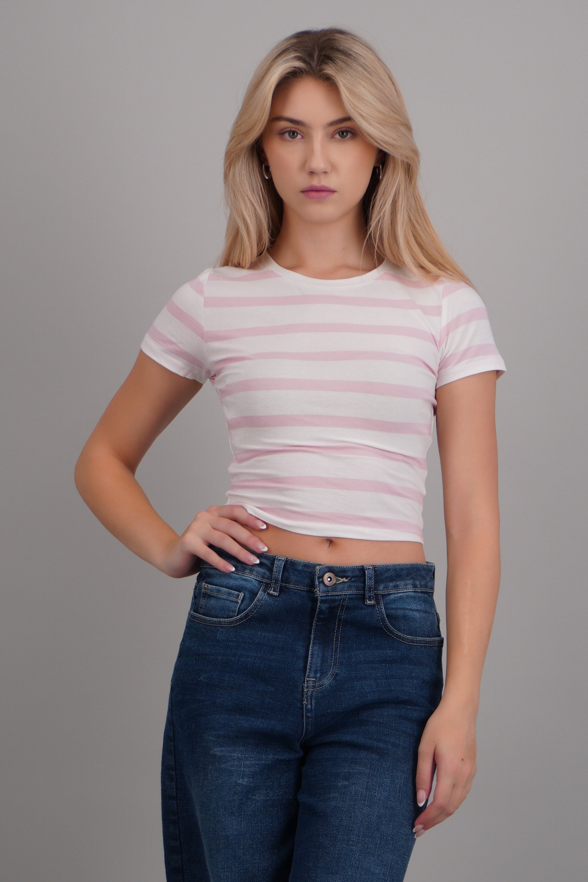 Playera ligera estampado rayas ROSA COMBO