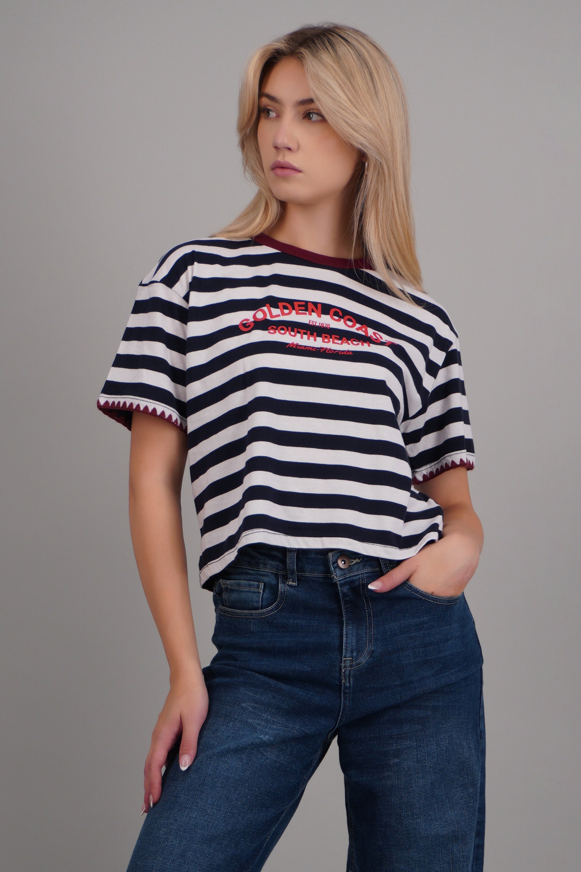 Playera golden coast rayas detalle bordado MARINO COMBO