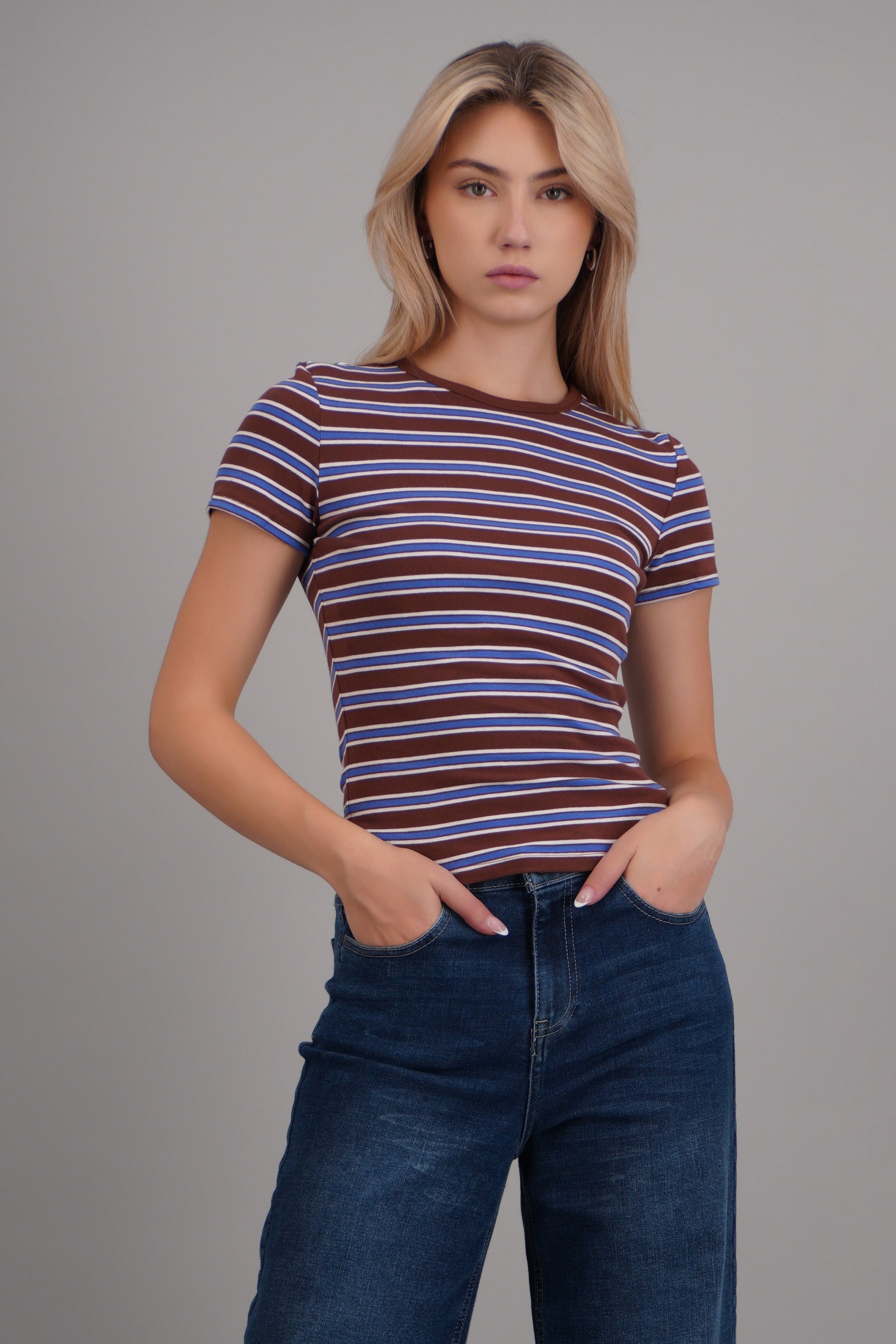 Playera rib estampado rayas CAFE COMBO