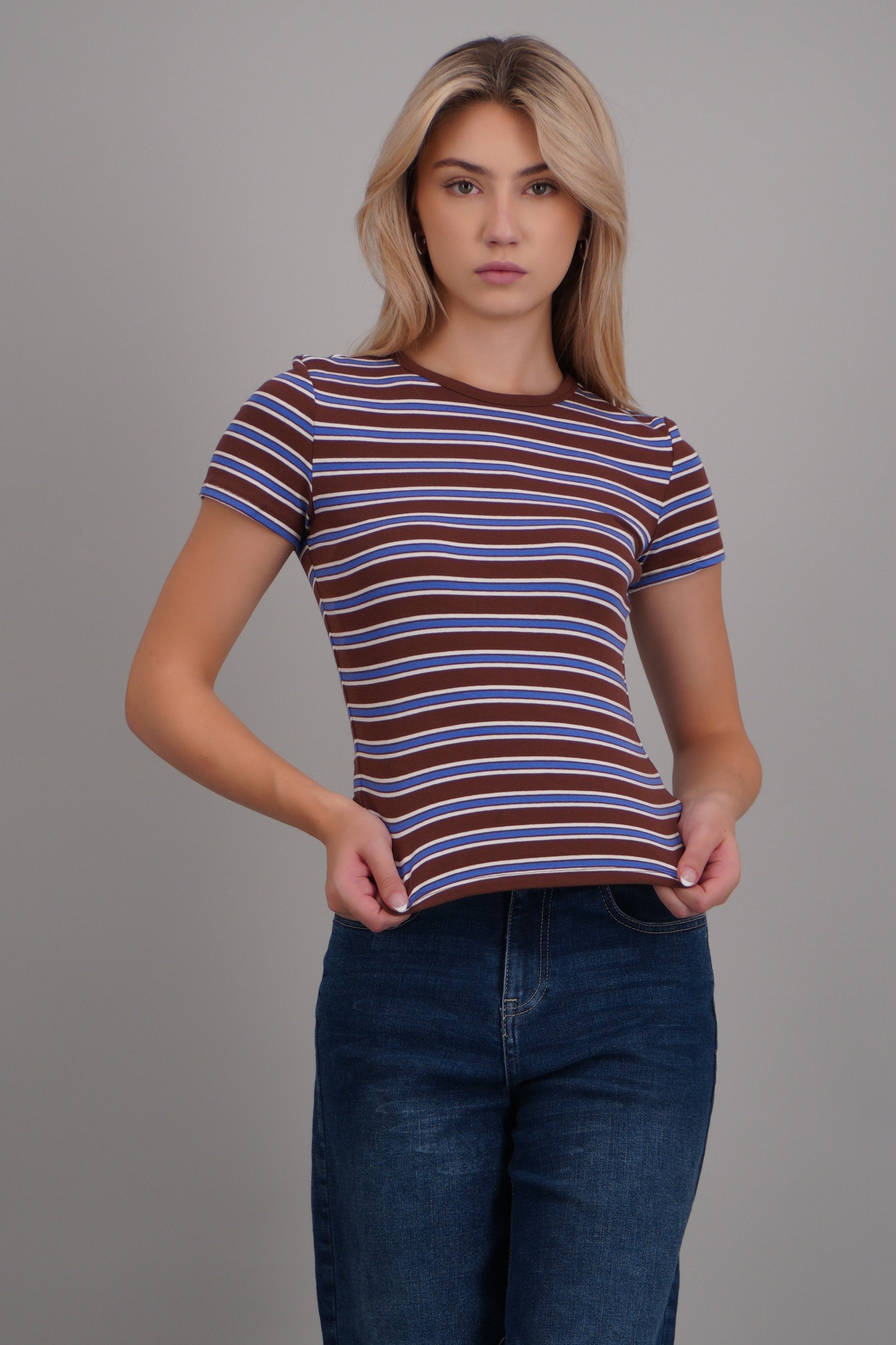 Playera rib estampado rayas CAFE COMBO